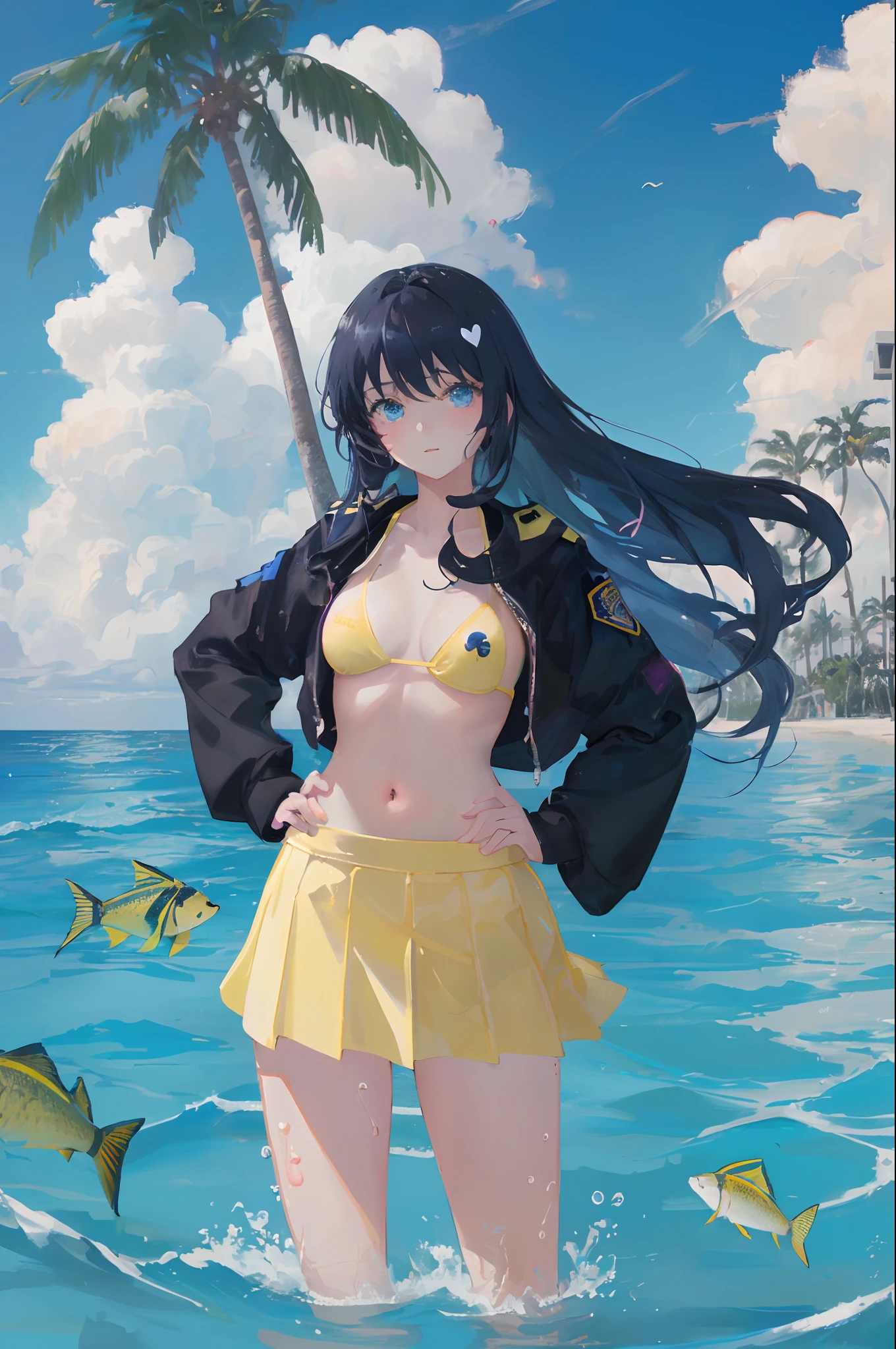 art by Cornflower, dreamy, (A beautiful, teenaged, anime-style girl with blue eyes and long, black hair, wearing a pale yellow, shiny, long-sleeved, open-chest, long skirt swimming suit with a pink, white, and yellow, heart on it is posing with her hands on her hips, in front of a beach and a bright, blue sky with clouds in it, there are palm trees in the background on both sides of the picture, and there are lots of blue and yellow fish swimming in the ocean, and there is a police helicopter with lights on it flying over the girl)