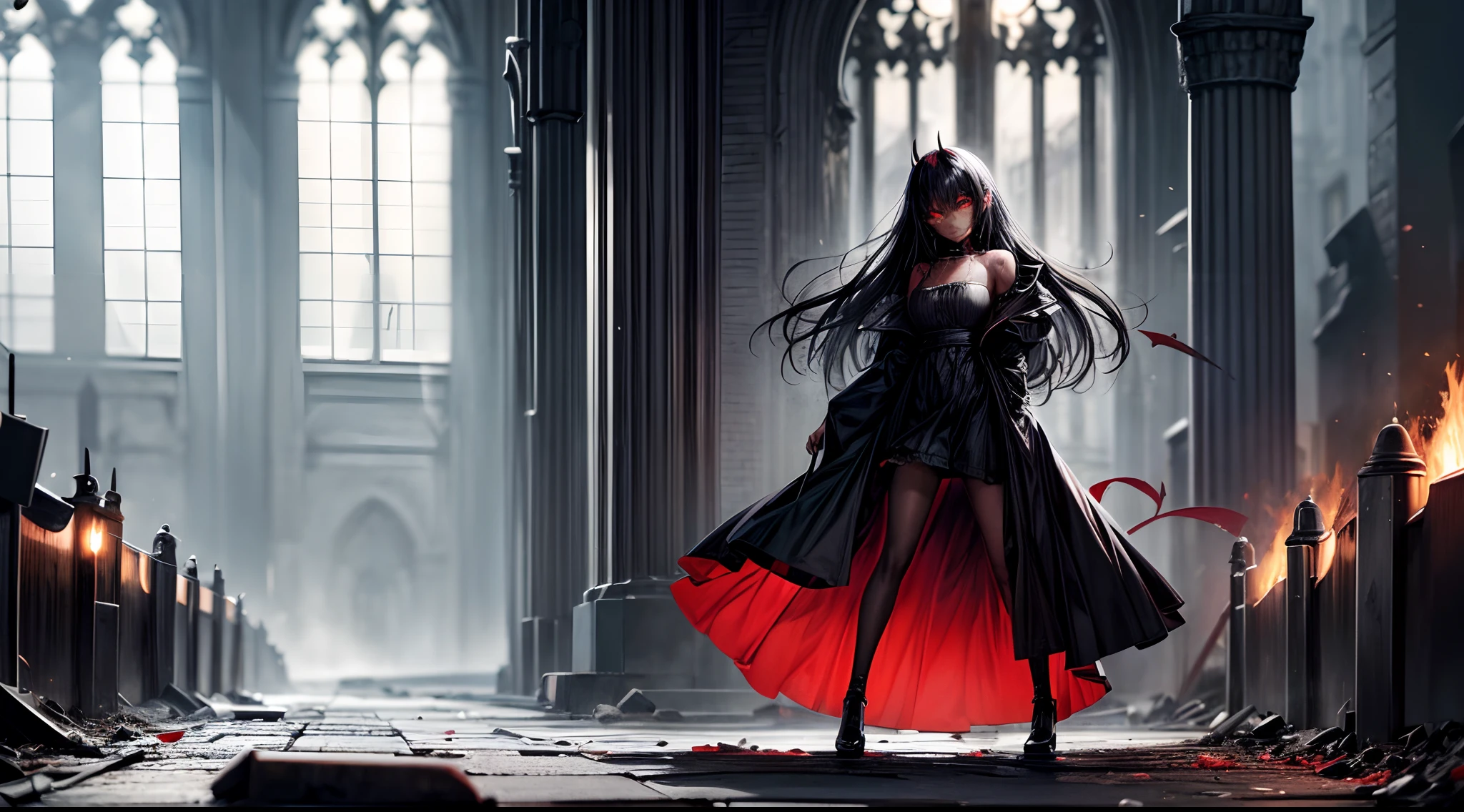 I am a demon, I have dark skin, fiery wings of hell come out of my back, fire blazes from black horns, I hold a bloody cold weapon in my hand, I have no feelings, I wear a black loose dress with a deep neckline, I walk through the ruins of a Gothic cathedral, burning all around me, I look at the observer and imagine murdering him, preparing to jump on him and rip his heart out of his body
