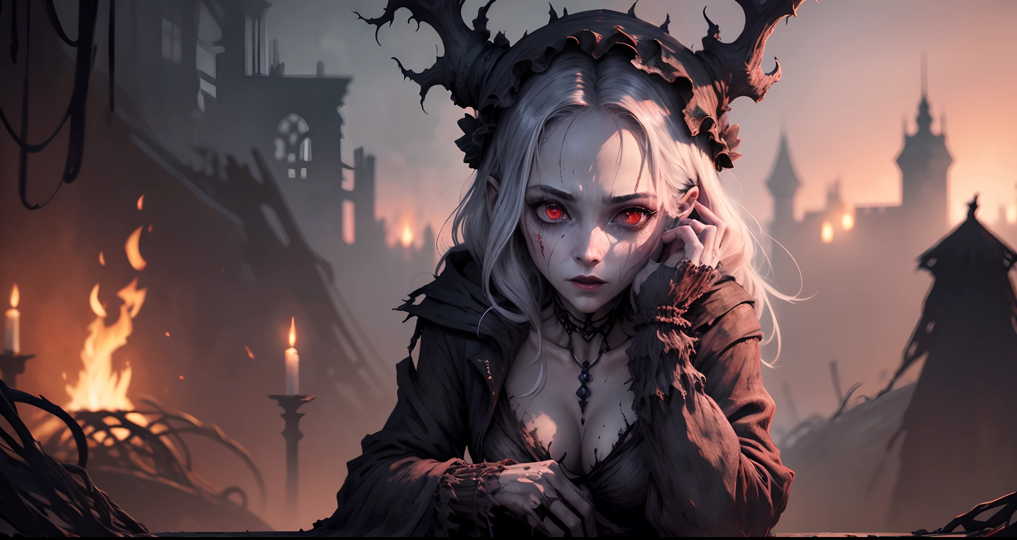 A very pal humanoid character, aux yeux rouges, Elle est folle, Noix, horreur, Elle est effrayante, Elle est effrayante, Valeur de choc, very diabolical, Elle est maigre, evoke, Peur, terreur, terreur, pourrir, disgust, elle est psychopathe, Sombre, Exceptionnellement mince, mince, Scraggly, emaciated, tordu, effrayant, Malade, Background ruins, Blanc long_robe, gore, sanglant_mains, seulement, corps entier, (messy_long_Sombre_cheveux), Bosseler, Mauvais yeux, les yeux brillants, fire in the background, (She wears a very dirty old torn_blanc_robe), psychopathe, Leaning on a sofa,