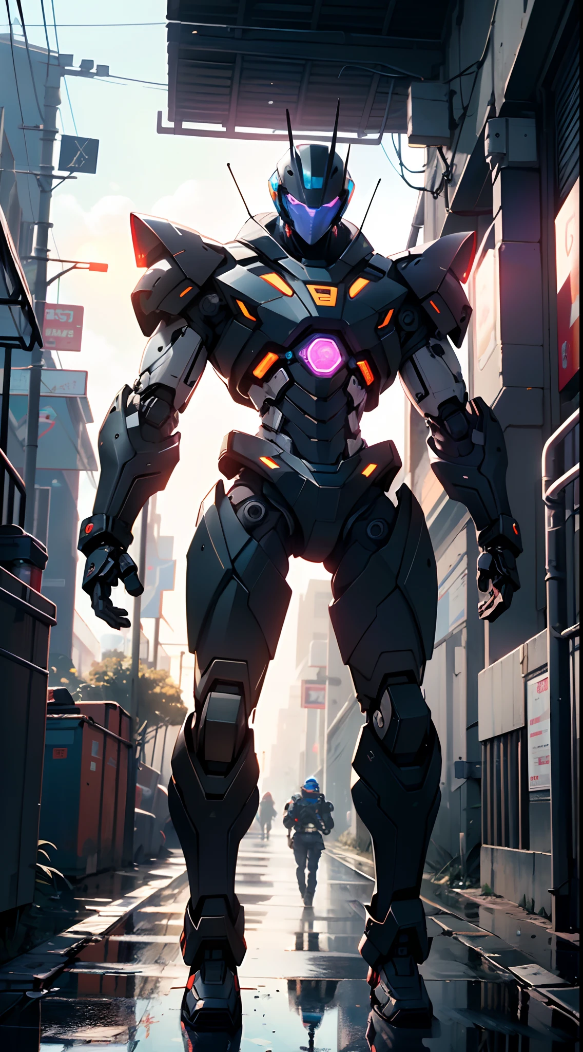 Imposing black plastic metal android robot,three meters tall and with a minimalist design that highlights its marked metallic musculature. His head is smooth and adorned with RGB lights that highlight his uniqueness and futurism.
He carries a metal backpack on his back that contains drones,turrets,and firearms. The backpack has spidery legs that allow it to move quickly.
Although most of his body is a deep,glossy black,there are orange,purple,and blue details that highlight his striking,futuristic design. It is undoubtedly an impressive creation that does not go unnoticed.
(((muscular))),hypermuscle, hyper muscles,carbon robot,humanoid robot, robot, robot joints, joints, helmet, armor, head-mounted display,(((robot with minimalist design))),
(dynamic pose:1.0),solo focus,(centered,scale to fit dimensions,Rule of thirds),
cyberpunk city by the ocean at night, with bright neon signs and dark stormy clouds and puddles, scenery:1.25,
artistic photography,(photography taken by sldr),highres, sharp focus, (ultra detailed, extremely detailed), (photorealistic artwork:1.37),(extremely detailed CG unity 8k wallpaper),((synthwave background theme)),(((vibrant colors))),(intricate background),(masterpiece),(best quality),