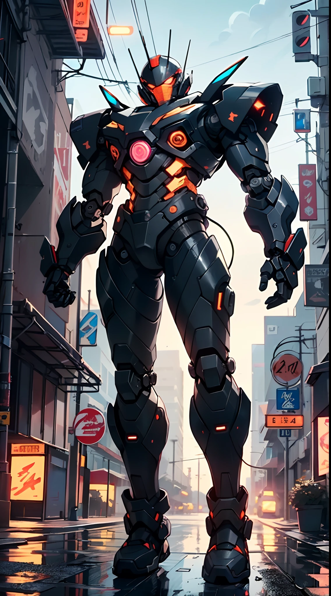 Imposing black plastic metal android robot,three meters tall and with a minimalist design that highlights its marked metallic musculature. His head is smooth and adorned with RGB lights that highlight his uniqueness and futurism.

He carries a metal backpack on his back that contains drones,turrets,and firearms. The backpack has spidery legs that allow it to move quickly.

Although most of his body is a deep,glossy black,there are orange,purple,and blue details that highlight his striking,futuristic design. It is undoubtedly an impressive creation that does not go unnoticed.

(((muscular))),hypermuscle, hyper muscles,carbon robot,humanoid robot, robot, robot joints, joints, helmet, armor, head-mounted display,(((robot with minimalist design))),

(dynamic pose:1.0),solo focus,(centered,scale to fit dimensions,Rule of thirds),

cyberpunk city by the ocean at night, with bright neon signs and dark stormy clouds and puddles, scenery:1.25,

artistic photography,(photography taken by sldr),highres, sharp focus, (ultra detailed, extremely detailed), (photorealistic artwork:1.37),(extremely detailed CG unity 8k wallpaper),((synthwave background theme)),(((vibrant colors))),(intricate background),(masterpiece),(best quality),