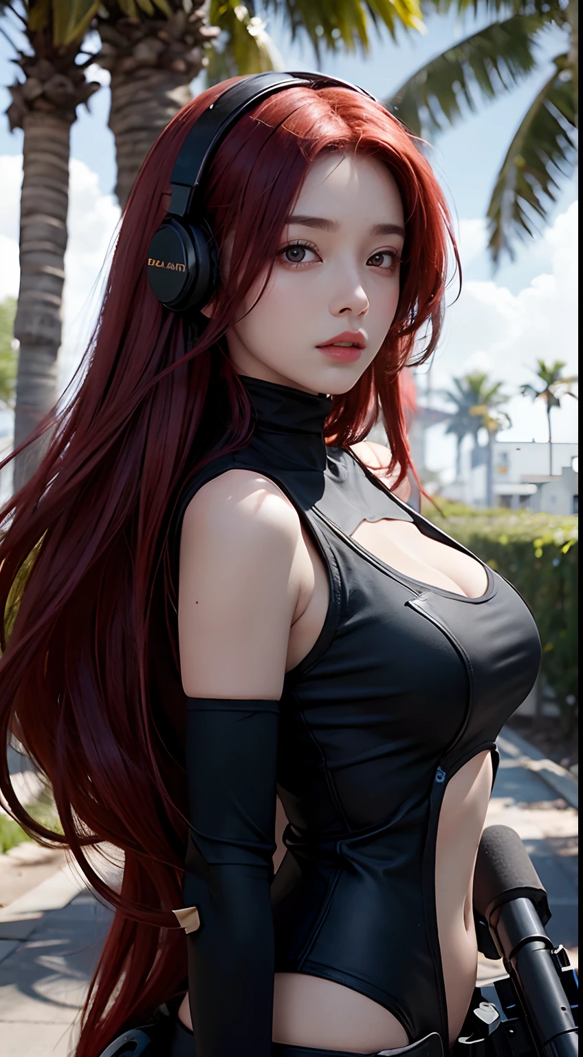 Beautiful girl with heavy weapons on her back，red tinted hair，Wear black headphones，Background under palm trees，Bokeh background，High-definition realistic graphics，The face is clear，Good facial features