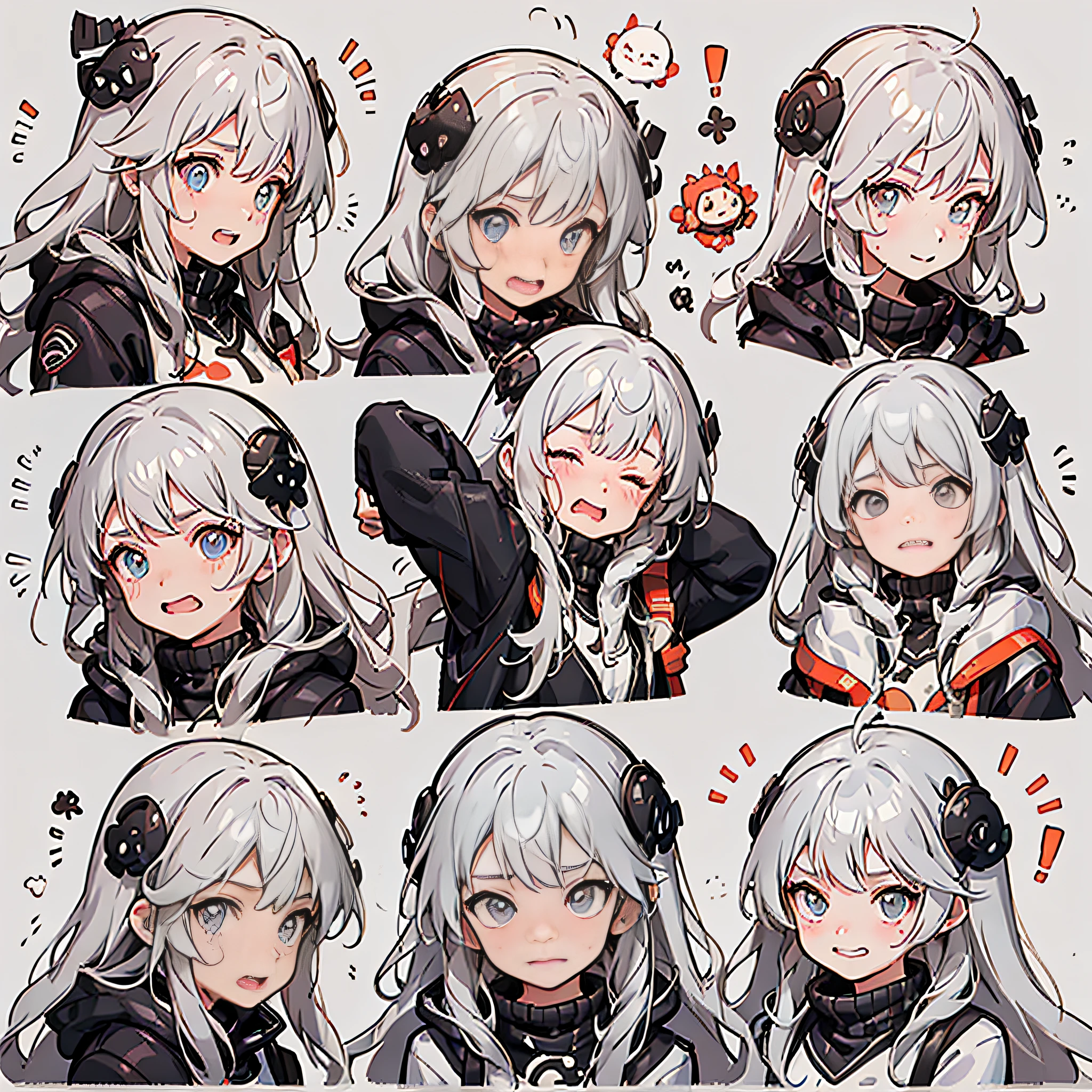 Cute girl avatar，Emoji pack，9 emojis，emoji sheet of，Align arrangement，multiple postures and expressions（grieves，astonishment，having fun，exhilarated，big laughter，Touch your head，Sell moe, wait），Anthropomorphic style，Disney style，Black strokes，Different emotions，multiple postures and expressions，8K