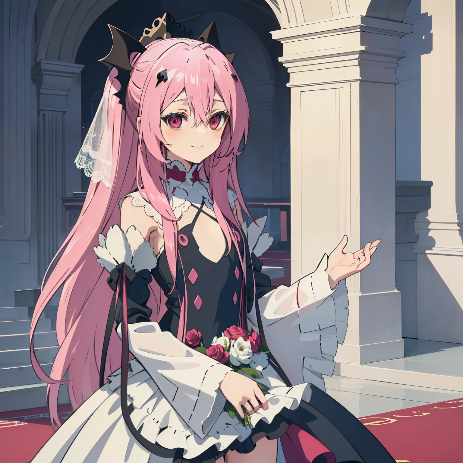 (Masterpiece), Best Quality, expressive eyes, a perfect face, 1girl, solo, pink hair, red eyes, lond hair, loose hair, in the church, wedding, wedding dress, white dress, veil, blusher, Smile, Bouquet in hand, Look at the viewer, flat chest, Krul Tepes, locon