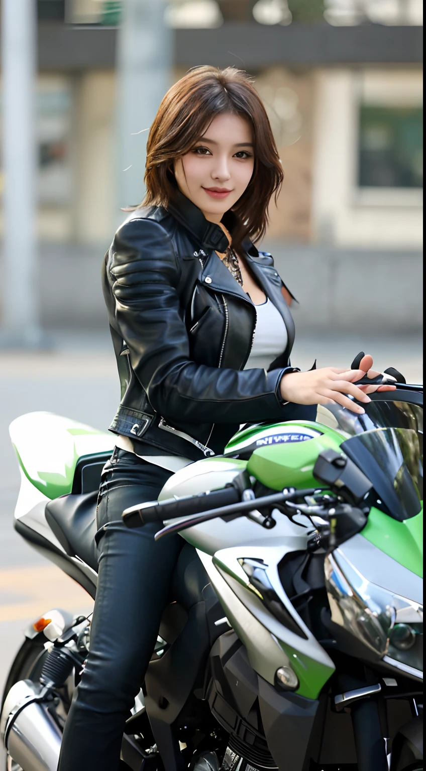 araffe woman sitting on a green and black motorcycle on a city street, dressed in biker leather, motorcycle, motorbiker, picture of a female biker, sitting on a motorcycle, riding a motorcycle, motorcycles, sitting on cyberpunk motorbike, dressed in short leather jacket, she wears leather jacket, riding a motorbike, kawasaki, sexy girl, attractive girl, japanese model, Best picture quality, masterpiece, ultra high resolution, 8k, cleavage, big boobs, bust detail, hair detail, eye detail, sharp eyes, thin smile, professional lighting