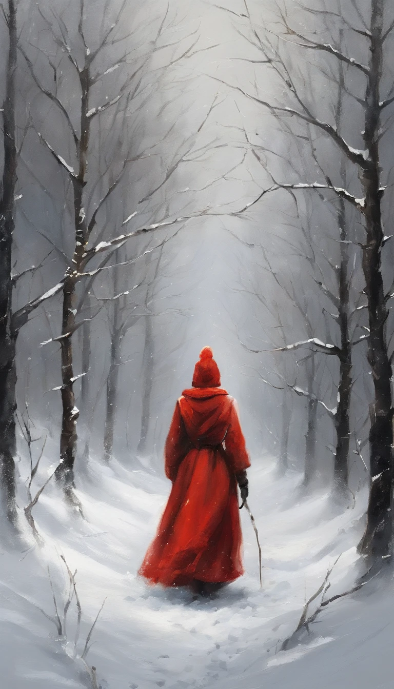 snow landscape,Back shadow,(The girl who left turned her back to the audience:1.1),中景 the scene is,独奏,cabelos preto e longos,Wear a red cotton coat,Black boots,Go into the distance,Heavy snowfall,Roads to distant places,Trees wither in winter,blanketed in a mantle of snow,Winter tones,somber mood,The vista is a mountain,(Snowflakes drift in the endless sky),8k wallpaper,cinema4d,Cinematic lighting effects,light and shadow effect,Tyndall,rendering by octane,White balance,Unreal 5,Extremely detailed picture,light particules,depth of fields,tmasterpiece,realisticlying