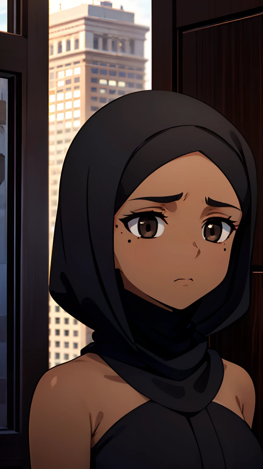 1 girl, (dark brown skin tone:1.4), very short hair, black eyes colour, mole down the right eye, (black Muslim clothes:1.1), Cold expression, depressed, dominant aura, city background, portrait
