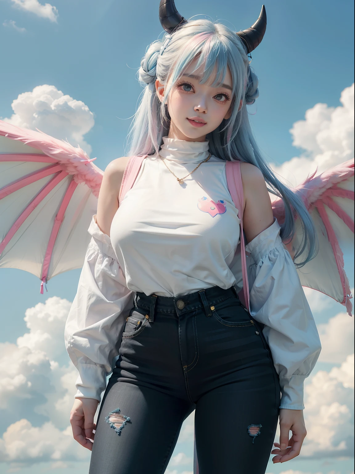"kawaii, cute, adorable woman with pink, yellow, and baby blue color scheme. She is dressed in sky-themed clothes made out of clouds and sky motifs. Her outfit is fluffy and soft, with decora accessories like hairclips. She embodies the vibrant and trendy Harajuku fashion style." White hair, red eyes, horns, demon wings, big boobs,big ass, big lips, juicy lips, huge hair, smile,((/ black jeans))
