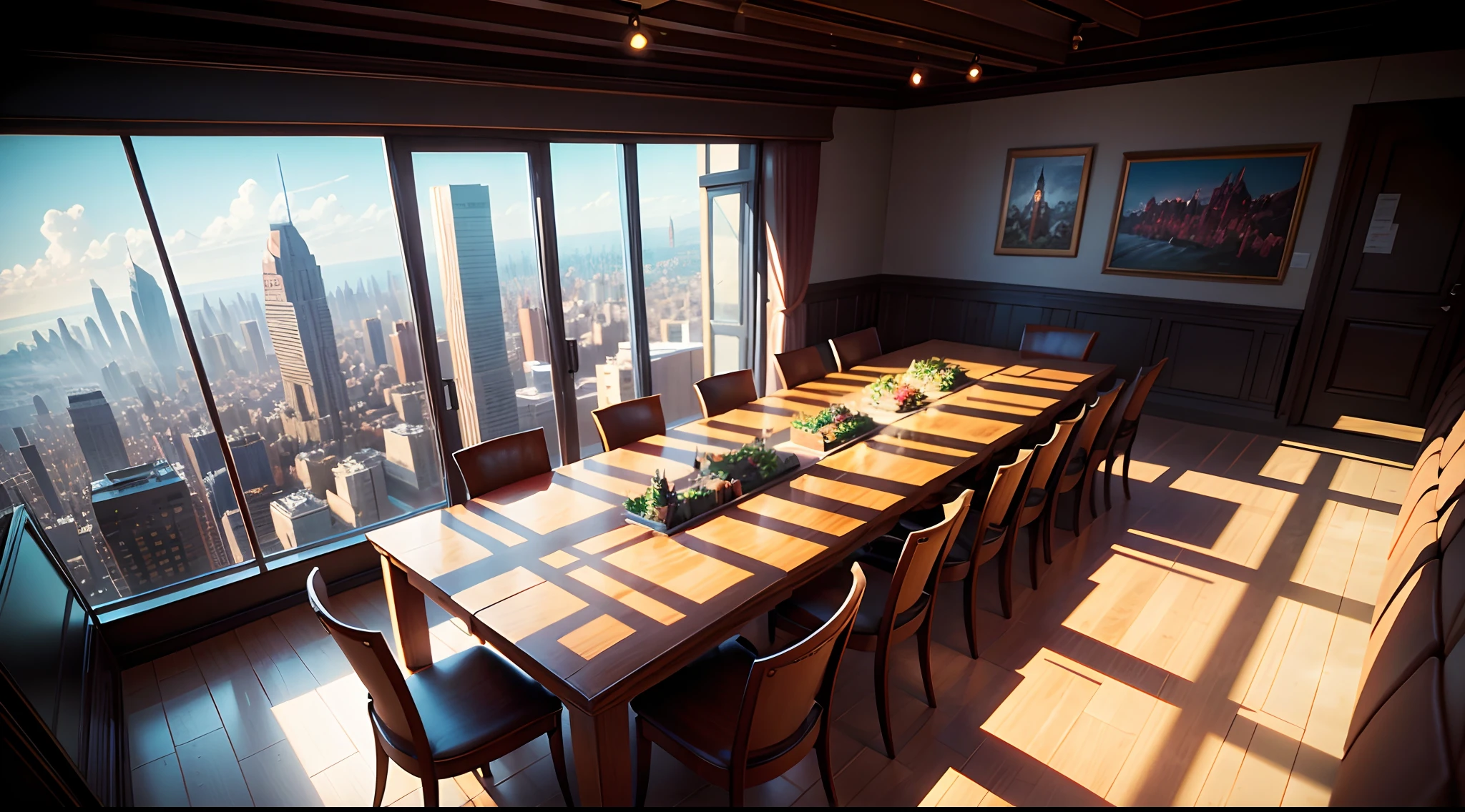 Animation style,Comic book scene,Overlooking,venue,Chamber,Long table