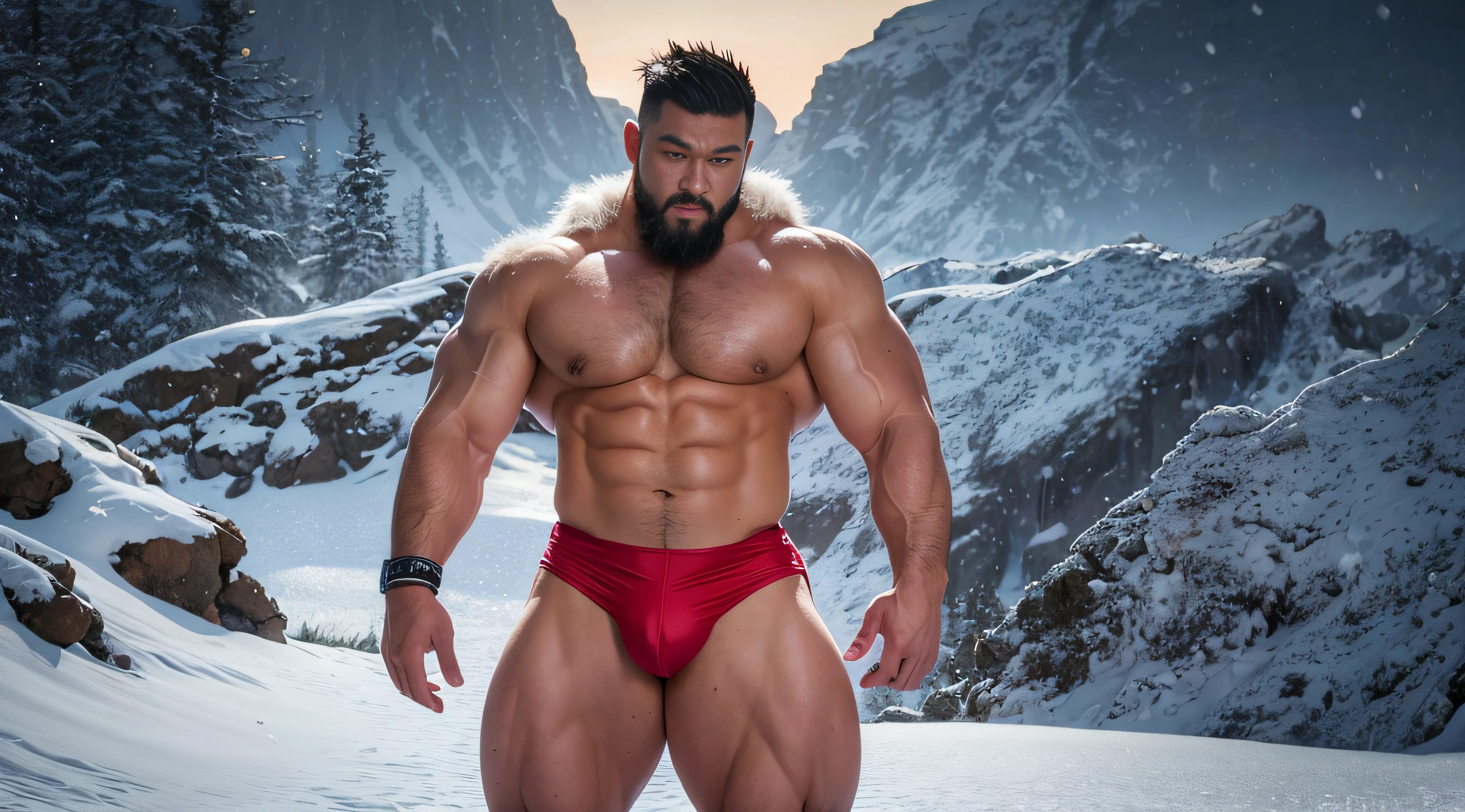 A Chinese bodybuilder，Wearing fur，the super hot and sexy，Blonde hair, short detailed hair, on a snowy mountain，Sunset lights, Short beard perfect figure with tattoos, Very huge and strong body, Bulging muscles, musculous, Very large pectoral muscles，Very sexy abs，The legs are muscular，Tall and mighty，Exposed Body，Tall and burly，toned figure，Huge raised genital area，Brightens oily skin，Muscular。