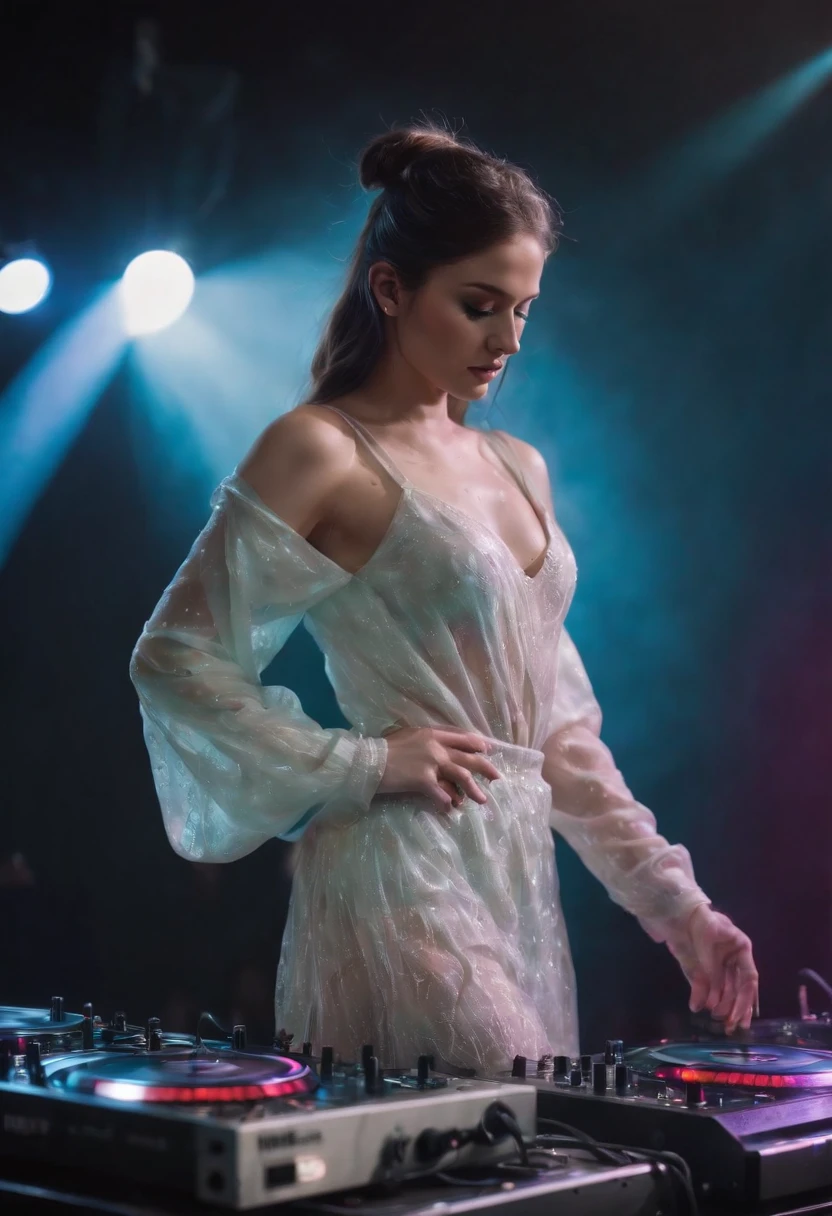 ((masterpiece:1.3)), ((best quality:1.3)), ((ultra_detailed:1.3)), luminous design, pastel colors, ink drips, DJ, In this mesmerizing visual composition, a woman takes center stage, she is mostly ???? but with ????????????? adorning her perfect body, ????, exhibitionist, full body shot, dancing, surrounded by a luminous design that radiates with vibrant pastel colors. The design seems to come alive, with ink drips cascading down, adding an ethereal touch to the scene. The woman, a DJ, is captured in a close-up shot of her upper body, standing behind the decks. Her gaze is fixed upon the viewer. The composition is meticulously detailed, with every intricate pattern and color gradient of the luminous design rendered with precision. The pastel colors create a dreamlike atmosphere, enhancing the enchanting aura of the scene. The ink drips add a touch of unpredictability and creativity, symbolizing the fluidity and artistry of the DJ's craft. As the DJ observes the crowd, the energy in the room is palpable. The crowd is a blur of movement, with hands raised and bodies swaying to the rhythm. The DJ's presence is magnetic, guiding the energy of the room with her music selection and skillful mixing. This composition is a true masterpiece, capturing the fusion of music and visual art in a captivating and immersive way. It celebrates the creativity and passion of DJs, while inviting viewers to be part of the electrifying atmosphere of a live performance. ??????, ???, ????.