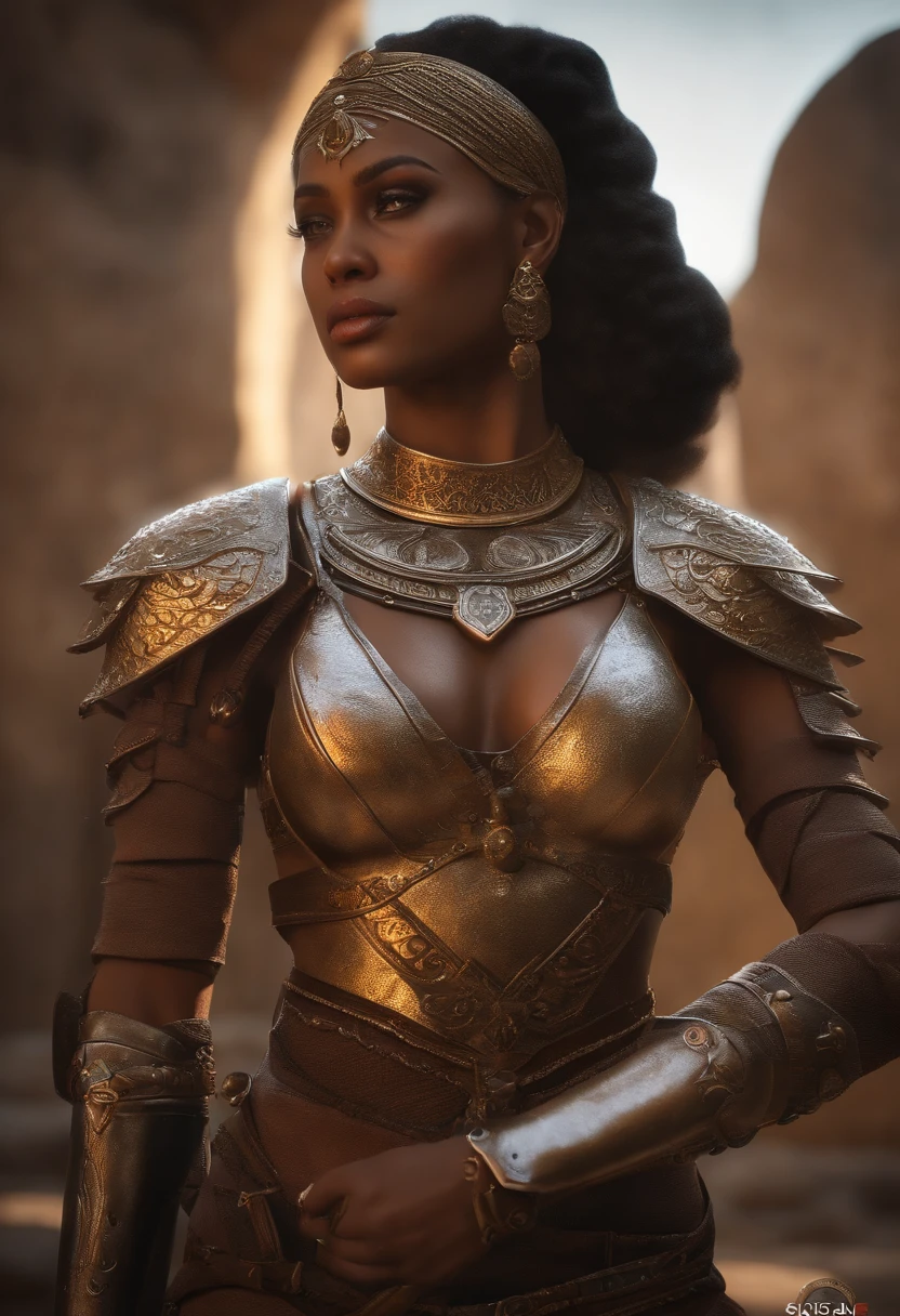 ((melhor qualidade)), ((master part)), (circunstanciado:1.4), ....3d, Imagem frontal de uma princesa guerreira africana ( referencia filme A mulher Rei ) usando armadura de brocado cravejada,ligeiramente revelador, figura do buxom, moist, shiny skin with blood stains on the face and body, HDR (high dynamic range),ray tracing,NVIDIA RTX,Super-Resolution,Unreal 5,Subsurface scattering,PBR Texturing,Post-processing,anisotropic filtering,profundidade de campo,Maximum clarity and sharpness,texturas multicamadas,Mapas de albedo e especular,surface shading,Accurate simulation of light-material interaction,perfectly proportions,octan render,Two-tone lighting,ampla abertura,ISO baixo,White balance,rule of thirds,8K BRUTO,