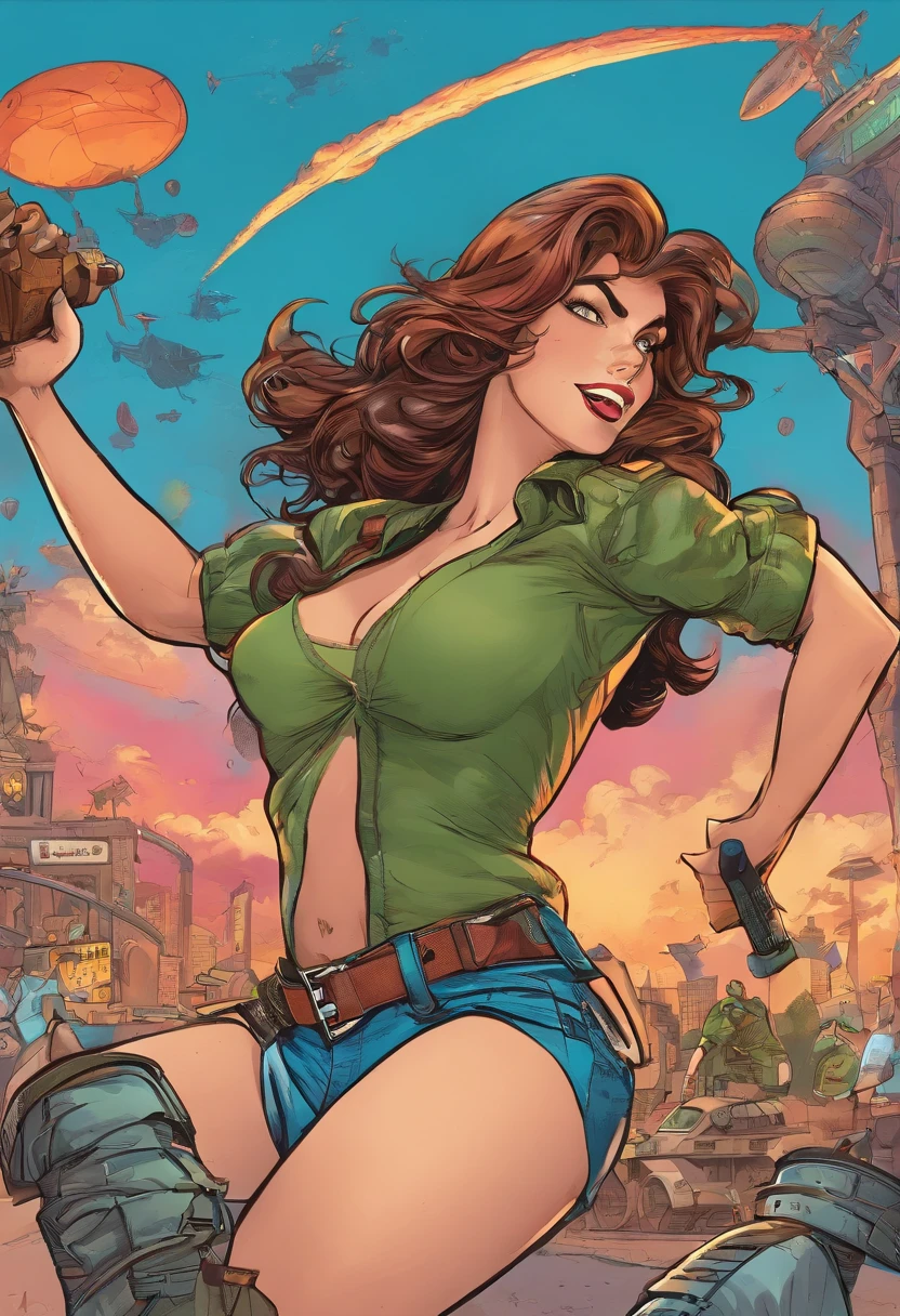 1 girl as an old school pinup riding a bomb as it plummets to earth,  sexy body that is fit with large breasts in a army camo crop top and army green short shorts,  with a sexy smile on her face,  beautiful eyes and a dyanmic pose like a bullrider as the rides the bomb down