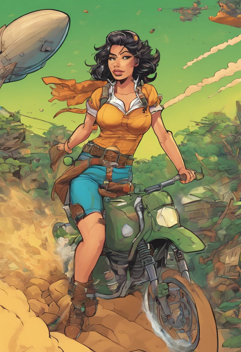 1 girl as an old school pinup riding a bomb as it plummets to earth, sexy body that is fit with large breasts in a army camo crop top and army green short shorts, with a sexy smile on her face, beautiful eyes and a dyanmic pose like a bullrider as the rides the bomb down