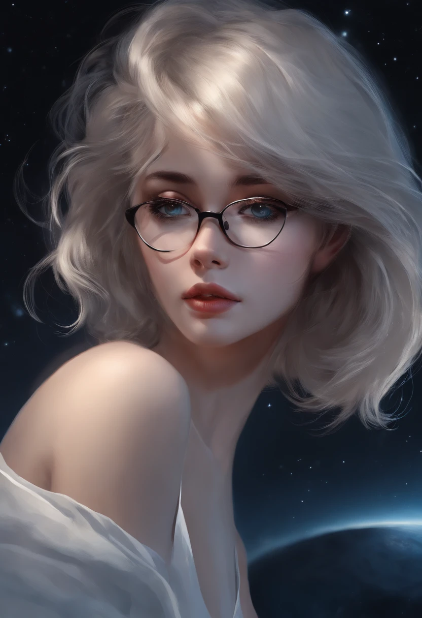young  woman, anime, cabelos pretos, olhos azuis, curto, fofo, triste, Beautiful, pele branca, glasses, lua, space, master part, alta qualidade, noite, camisa preta, Short wing, Realistic, 4k