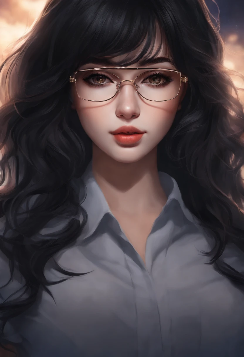 young  woman, anime, cabelos pretos, olhos azuis, curto, fofo, triste, Beautiful, pele branca, glasses, lua, space, master part, alta qualidade, noite, camisa preta, Short wing, Realistic, 4k