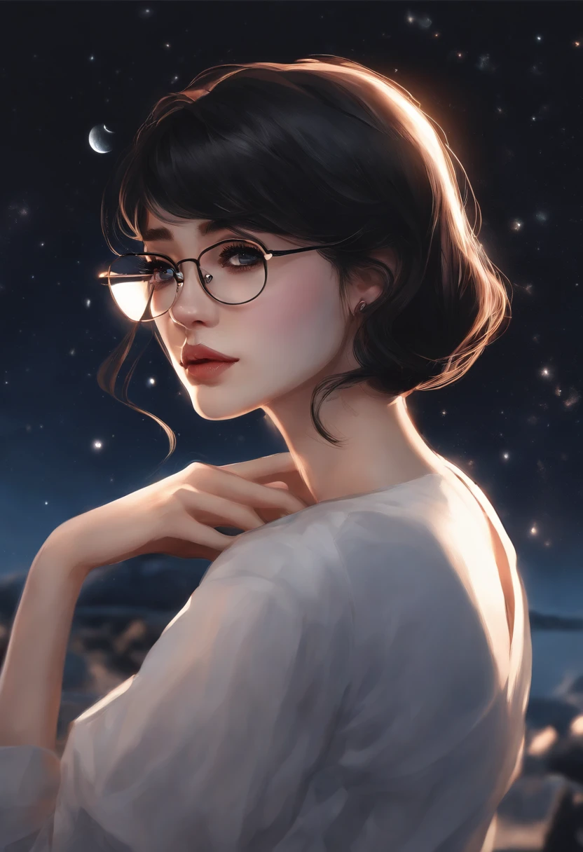 young woman, anime, cabelos pretos, olhos azuis, curto, fofo, triste, Beautiful, pele branca, glasses, lua, space, master part, alta qualidade, noite, camisa preta, Short wing, Realistic, 4k