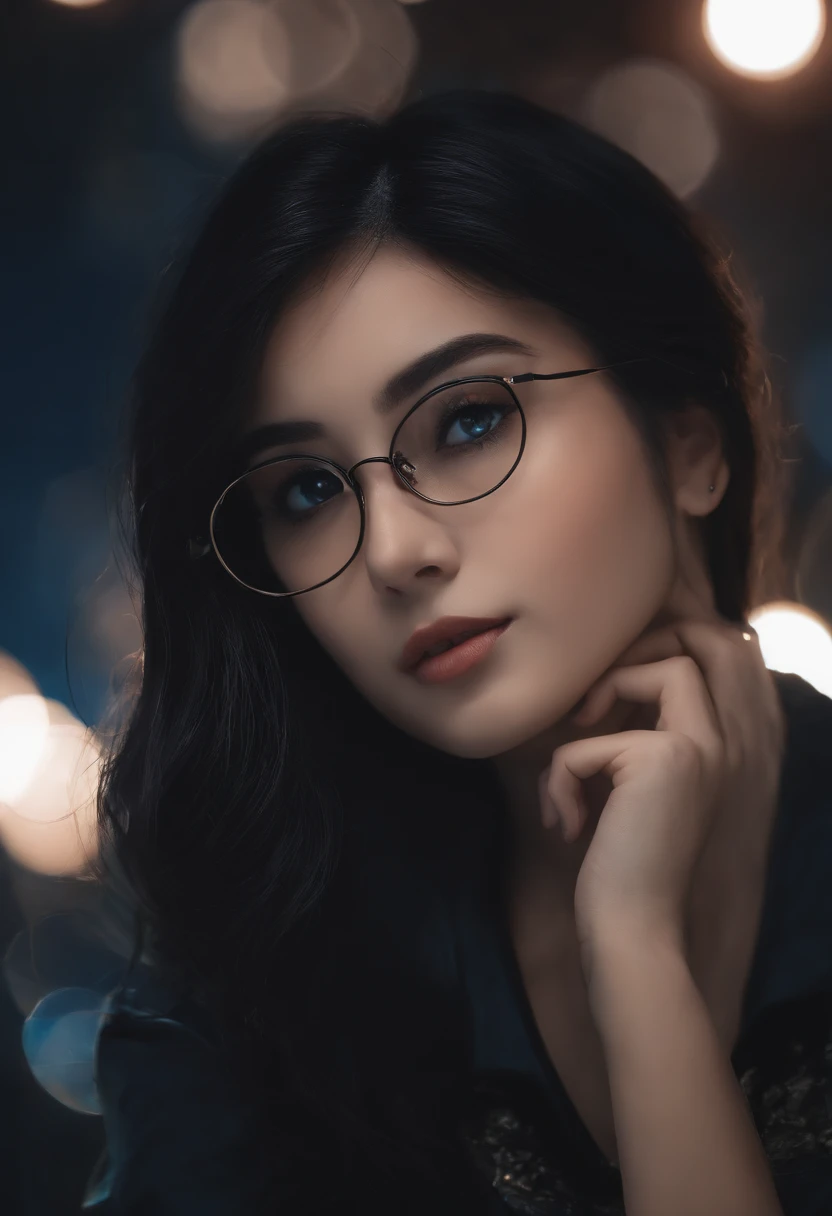 young  woman, anime, cabelos pretos, olhos azuis, curto, fofo, triste, Beautiful, pele branca, glasses, lua, space, master part, alta qualidade, noite, camisa preta, Short wing, Realistic, 4k
