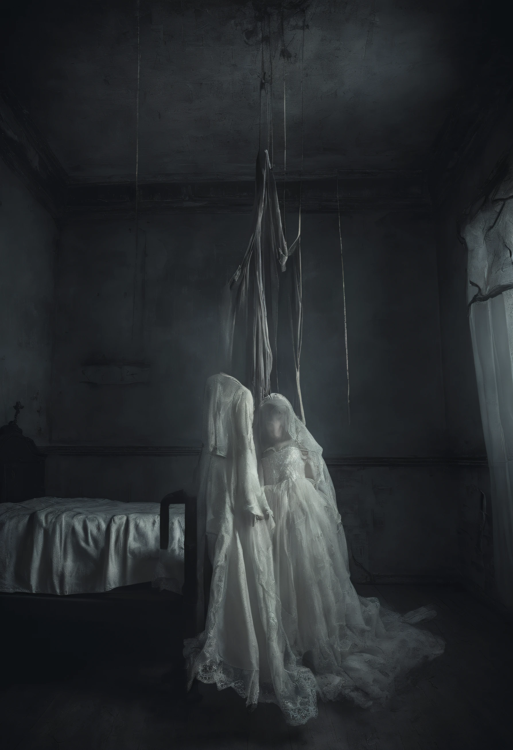 darkened room、ceiling、Spooky doll in white dress hanging from the ceiling