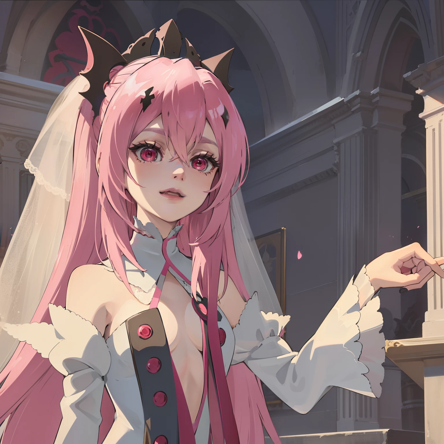 (Masterpiece), Best Quality, expressive eyes, a perfect face, 1girl, solo, pink hair, red eyes, lond hair, without hair ornament, loose hair, in the church, wedding, wedding dress, white dress, veil, blusher, Smile, Bouquet in hand, Look at the viewer, flat chest, Krul Tepes, locon