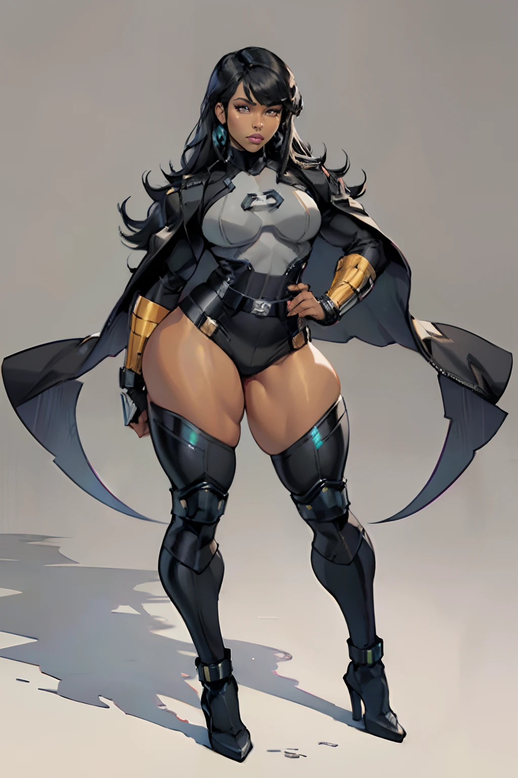 (masterpiece), (best quality), ((Nicki Minaj)), makeup, (brown skinned female), (thick thighs), ((small breasts:1:1)), ((wide waist)), hair with bangs, ((storm from x-men outfit)), ((grey background)), (full body) contoured