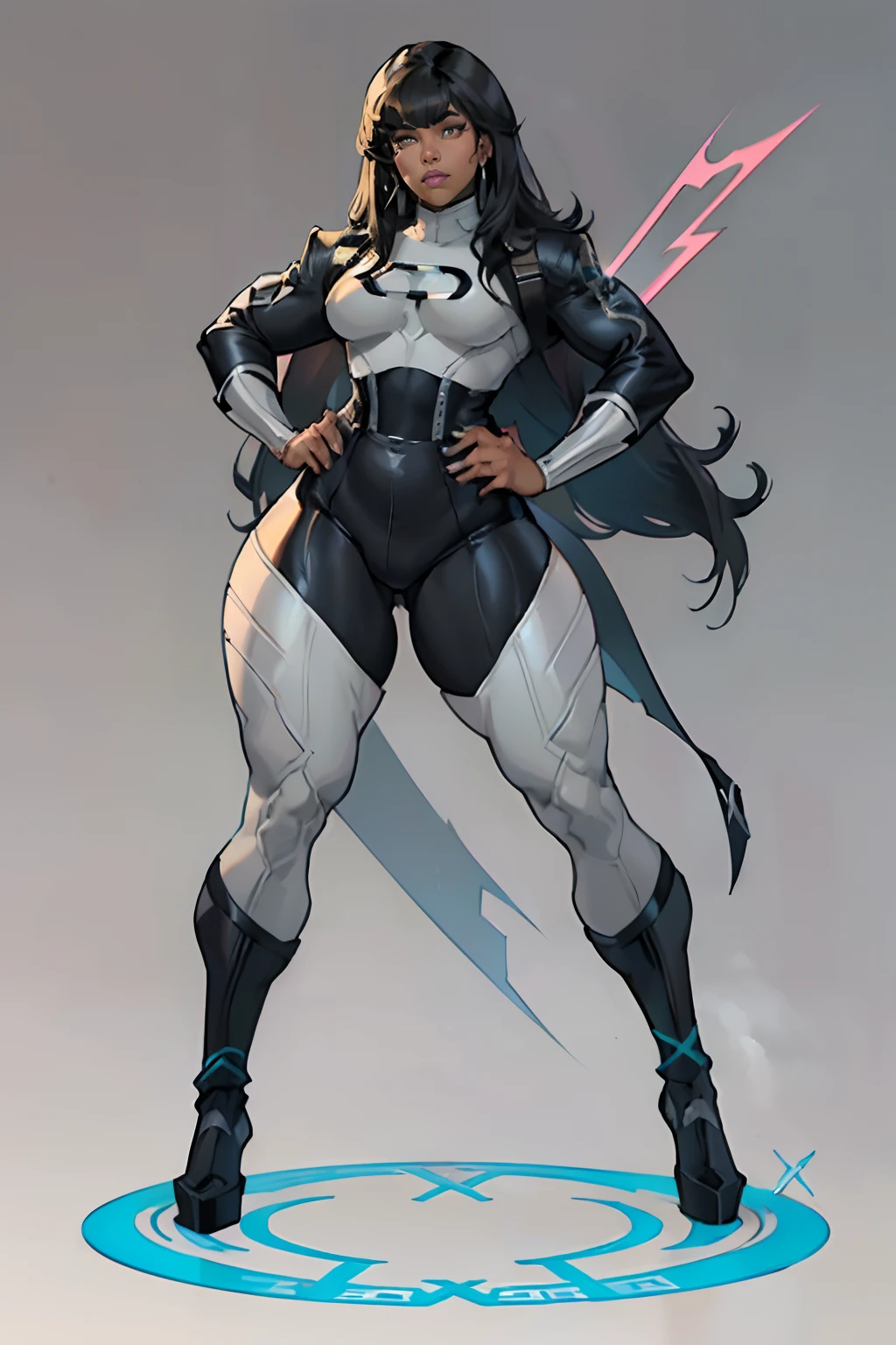 (masterpiece), (best quality), ((Nicki Minaj)), makeup, (brown skinned female), (thick thighs), ((small breasts:1:1)), ((wide waist)), hair with bangs, ((storm from x-men outfit)), ((grey background)), (full body) contoured