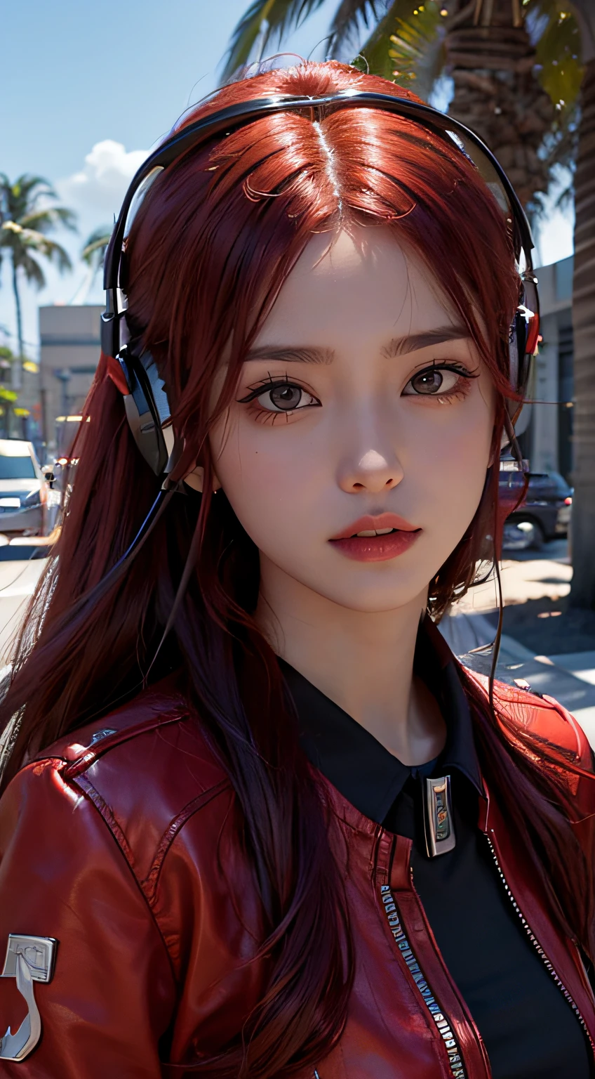 Beautiful girl holding red pistol,red tinted hair,Wear black headphones,Background under palm trees,Bokeh background,High-definition realistic graphics,The face is clear,Good facial features