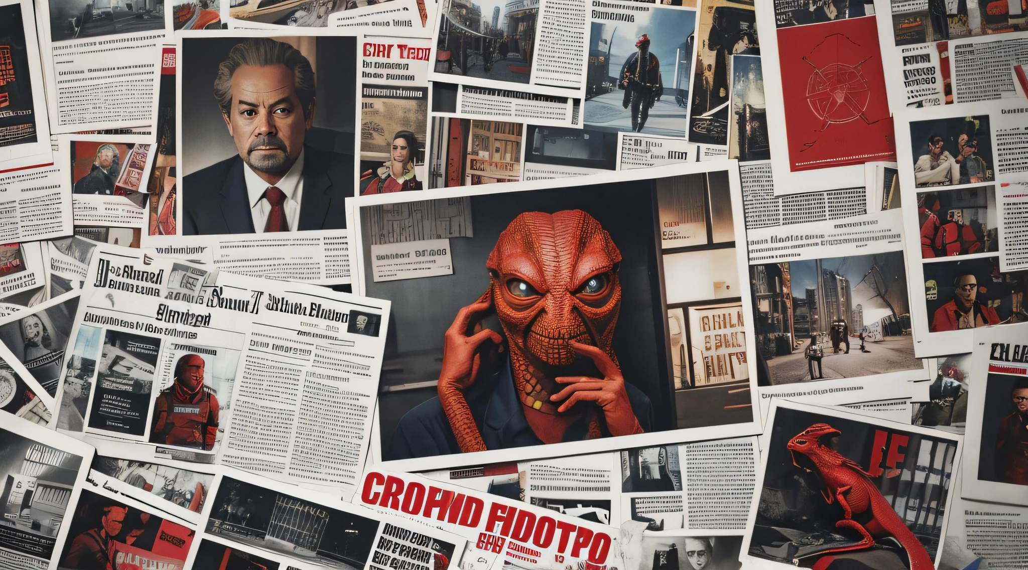 Illustrate a conspiracy theorist's investigation board, covered in photographs, newspaper clippings, and red strings connecting alleged lizard people to global events.