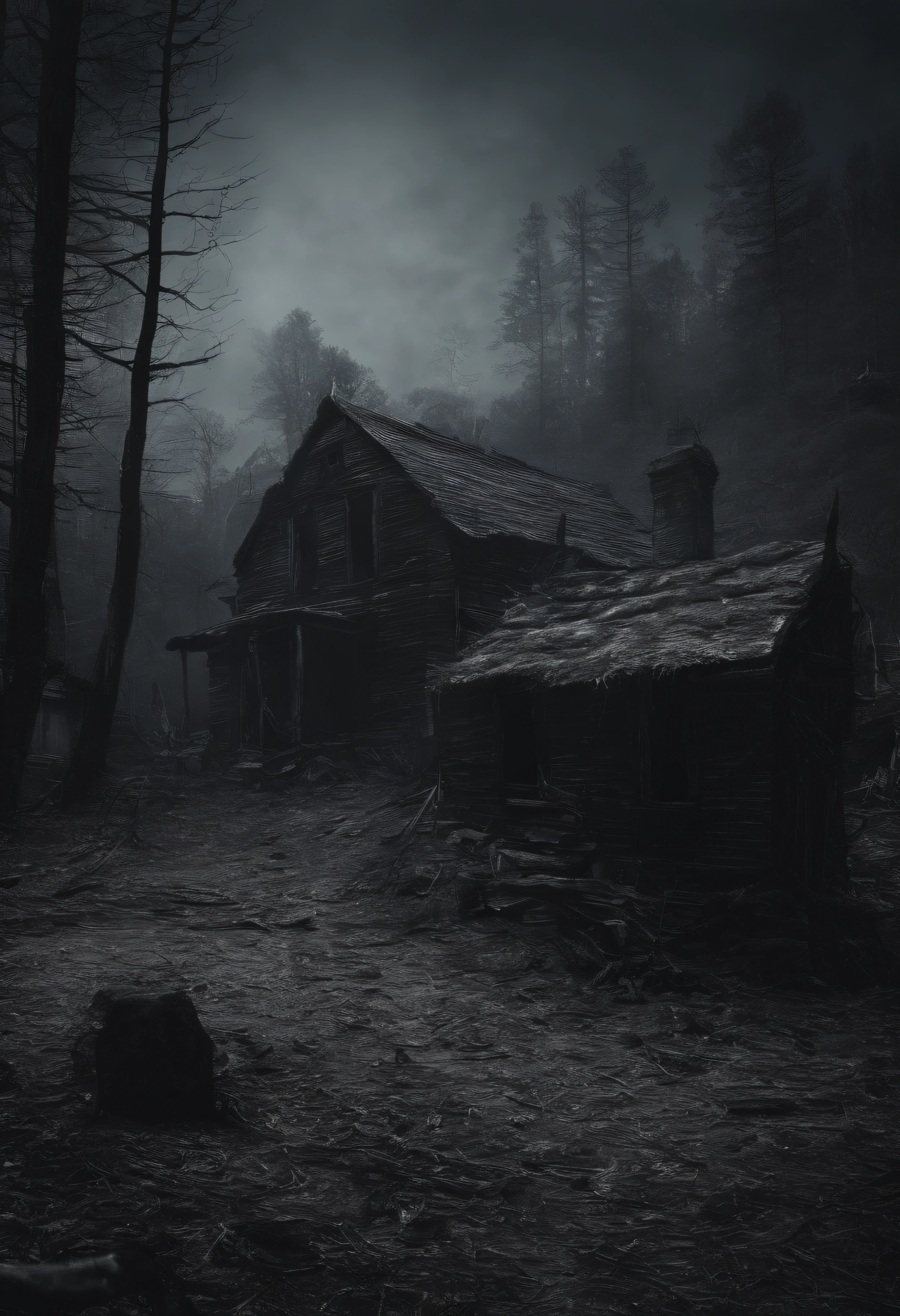Generar una imagen que capture la esencia de un pueblo tranquilo envuelto por el presentimiento, Shady forests, evoking a sense of mystery