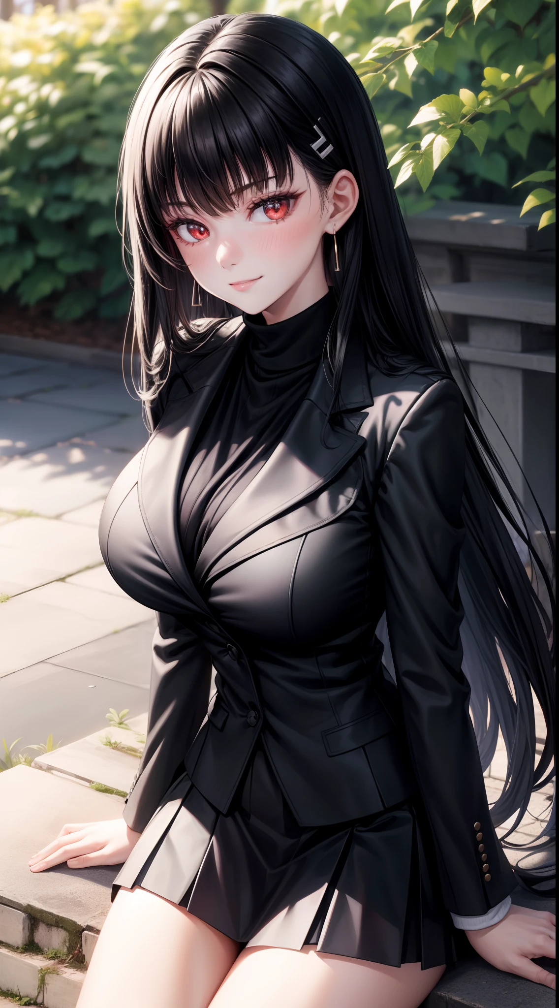 8k, highres, ultra detailed, (masterpiece:1.4), best quality, symmetrical body, (Black blazer with white roll neck sweater underneath:1.4), (short black skirt:1.4), choker, cute, solo, earrings, long hair, black hair, red eyes, glow effect, finely eye, wide smile, detailed face, looking at viewer, smilling at viewer, in the park, angled view, big breasts, seductive look