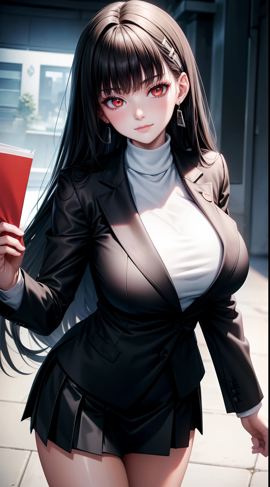 8k, highres, ultra detailed, (masterpiece:1.4), best quality, symmetrical body, (Black blazer with white roll neck sweater underneath:1.4), (short black skirt:1.4), choker, cute, solo, earrings, long hair, black hair, red eyes, glow effect, finely eye, wide smile, detailed face, looking at viewer, smilling at viewer, in the park, angled view, big breasts, seductive look