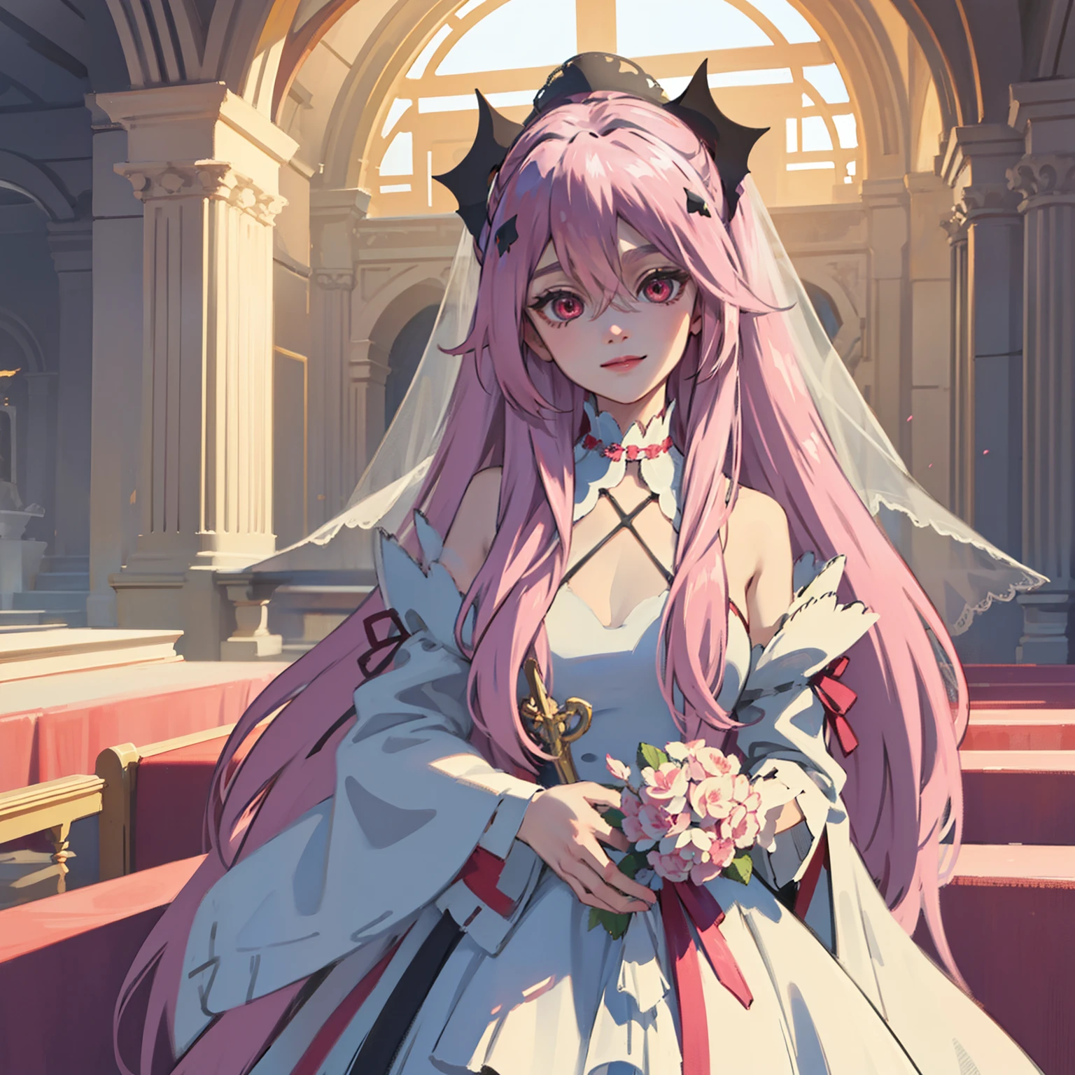 (Masterpiece), Best Quality, expressive eyes, a perfect face, 1girl, 独奏, pink hair, red eyes, Lond's hair, Without hair decoration, loose hair, in the church, wedding, wedding dress, whitedress, veil, blusher, Smile, Bouquet in hand, Look at the viewer, flat chest, Krul Tepes, locon