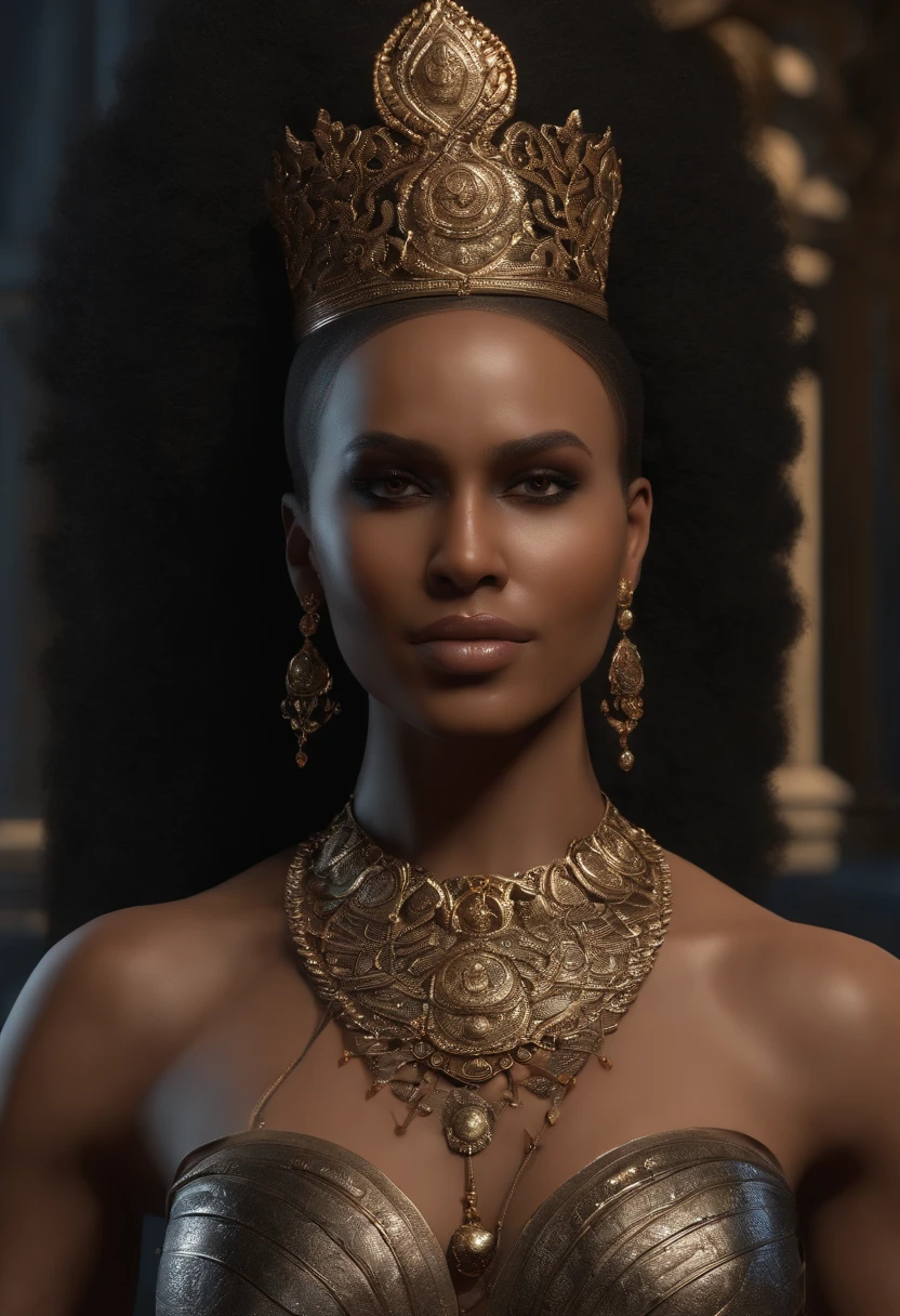 ((melhor qualidade)), ((master part)), (circunstanciado:1.4), ....3d, Imagem frontal de uma princesa guerreira africana ( referencia filme A mulher Rei ) usando armadura de brocado cravejada,ligeiramente revelador, figura do buxom, moist, shiny skin with blood stains on the face and body, HDR (high dynamic range),ray tracing,NVIDIA RTX,Super-Resolution,Unreal 5,Subsurface scattering,PBR Texturing,Post-processing,anisotropic filtering,profundidade de campo,Maximum clarity and sharpness,texturas multicamadas,Mapas de albedo e especular,surface shading,Accurate simulation of light-material interaction,perfectly proportions,octan render,Two-tone lighting,ampla abertura,ISO baixo,White balance,rule of thirds,8K BRUTO,