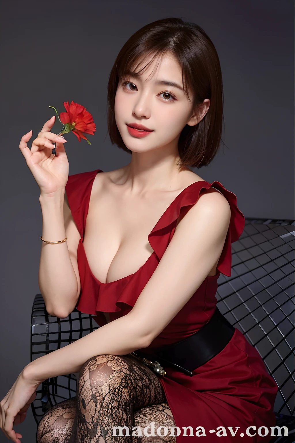 arafed asian woman in a red dress holding a red flower, ayami kojima amano, 奈良美智, deayami kojima, elegant japanese woman, beautiful south korean woman, chiho ashima, sakimi chan, xintong chen, ruan jia beautiful!, yun ling, yuuka kazami, beautiful young korean woman, Best picture quality, masterpiece, ultra high resolution, 8k, cleavage, big boobs, bust detail, hair detail, eye detail, sharp eyes, thin smile, professional lighting