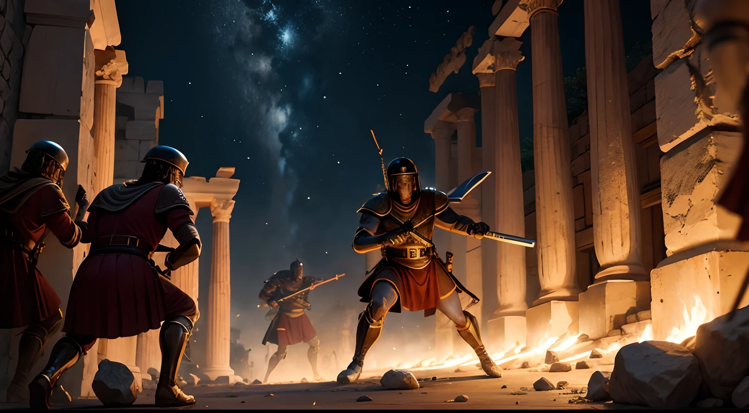 greek ancient soldiers attacking the trojans at night