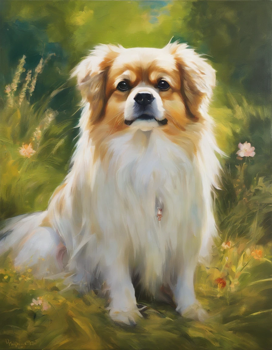(bright colors,elegant,serene,majestic,peaceful,natural beauty:1.1),oil painting, with beautiful detailed eyes and fluffy fur, enjoying the warm sunshine filtering through the trees, surrounded by blooming flowers and a gentle breeze, creating a harmonious and idyllic scene. The grass is lush and vibrant, with shades of green and hints of yellow, complementing the Tibetan spaniel's golden and white coat. The summer sky above is clear and blue, adding to the overall brightness and cheerfulness of the painting. The lighting is soft and warm, casting gentle shadows on the ground and enhancing the dog's features. The composition is balanced and symmetrical, with the Tibetan spaniel positioned in the center of the grassy meadow. The brushstrokes are delicate and precise, capturing the fur's texture and the intricate details of the dog's expressive face. The overall effect is a captivating and serene portrayal of a Tibetan spaniel enjoying a peaceful moment in the beautiful summer surroundings.