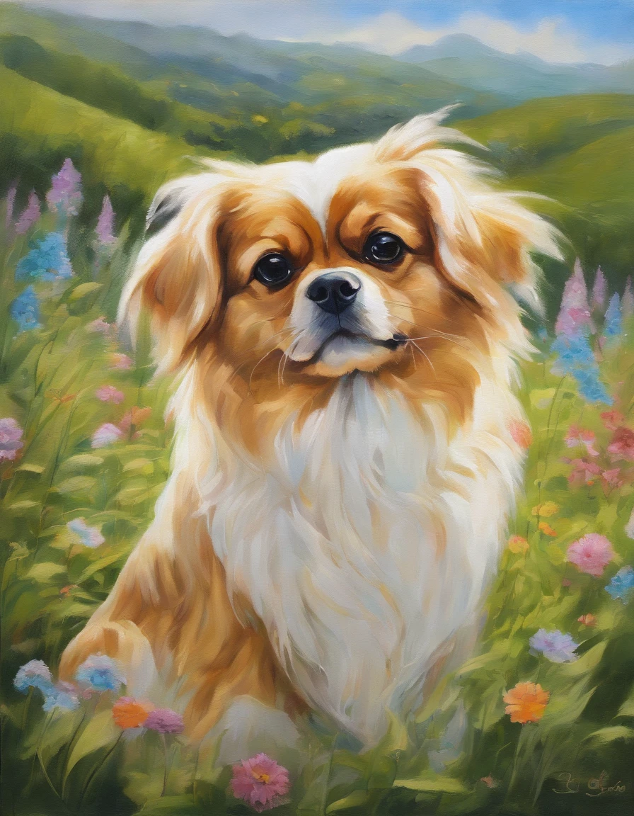 (bright colors,elegant,serene,majestic,peaceful,natural beauty:1.1),oil painting, with beautiful detailed eyes and fluffy fur, enjoying the warm sunshine filtering through the trees, surrounded by blooming flowers and a gentle breeze, creating a harmonious and idyllic scene. The grass is lush and vibrant, with shades of green and hints of yellow, complementing the Tibetan spaniel's golden and white coat. The summer sky above is clear and blue, adding to the overall brightness and cheerfulness of the painting. The lighting is soft and warm, casting gentle shadows on the ground and enhancing the dog's features. The composition is balanced and symmetrical, with the Tibetan spaniel positioned in the center of the grassy meadow. The brushstrokes are delicate and precise, capturing the fur's texture and the intricate details of the dog's expressive face. The overall effect is a captivating and serene portrayal of a Tibetan spaniel enjoying a peaceful moment in the beautiful summer surroundings.