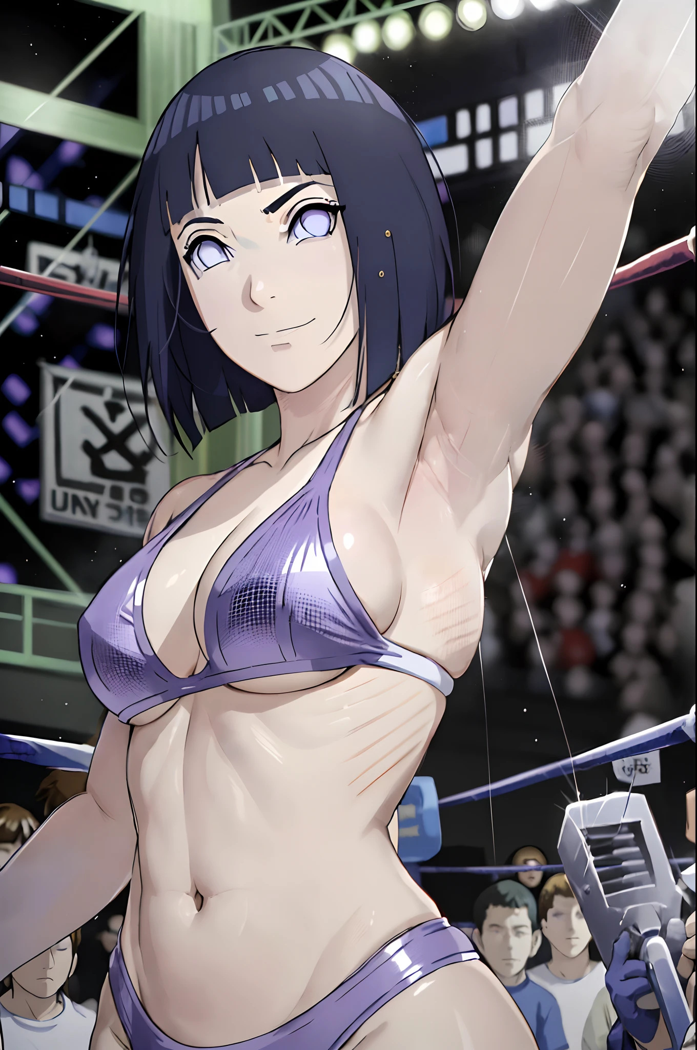 (ultra detailed body, ultra detailed face), poster, anime style, hires ((pro wrestling arena, pro wrestling match, crowd watching)), (hinata\(boruto\), (female wrestler), (slender body), mature woman, milf, (tight bikini, ultra detailed pro wrestling gear), victorious, gorgeous, winner, serious face, smile, closed mouth, (pale skin, shiny skin, lighting and shadow), (dark blue hair color:1.1), wavy hair, ((short hair, hime cut, floating hair), big breasts, (only one arm stretching), long belly, closed fists, seductive, (perfect eyes, white sciera, bright eyes, white eyes, anime eyes, looking at the viewer, kind look)