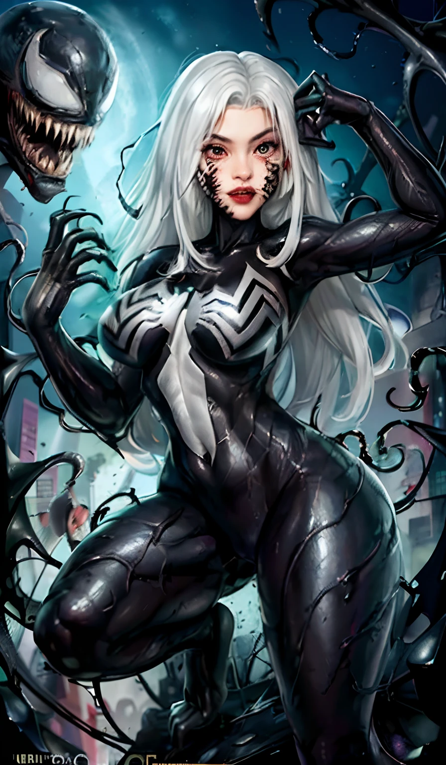 4K,realisticlying,Glamorous,The is very detailed,There is a girl in Dingcheng,Wearing a black Spider-Man costume,(Black and white:1.4) the night,symbiote,venomize,a large amount of mucus,she is a spiderman,Black superhero theme,In front of the sky,Flushed complexion,( Open legs, camel-toe,, Vulvar shape:1.3) ,(Hold the wrist of one hand,Place the wrist of the other hand in front of your abdomen),long white hair,25 age old,full bodyesbian