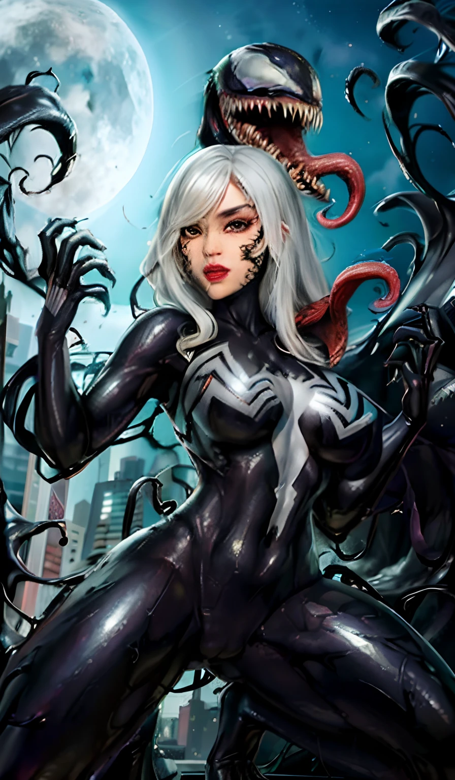 4K，realisticlying，Glamorous，The is very detailed，There is a girl in Dingcheng，Wearing a black Spider-Man costume，（Black and white：1.4） the night,symbiote，venomize，a large amount of mucus,she is a spiderman，Black superhero theme，In front of the sky，Flushed complexion，( Open legs， camel-toe，， Vulvar shape：1.3） ,(Hold the wrist of one hand，Place the wrist of the other hand in front of your abdomen),long  white hair，25 age old，full bodyesbian