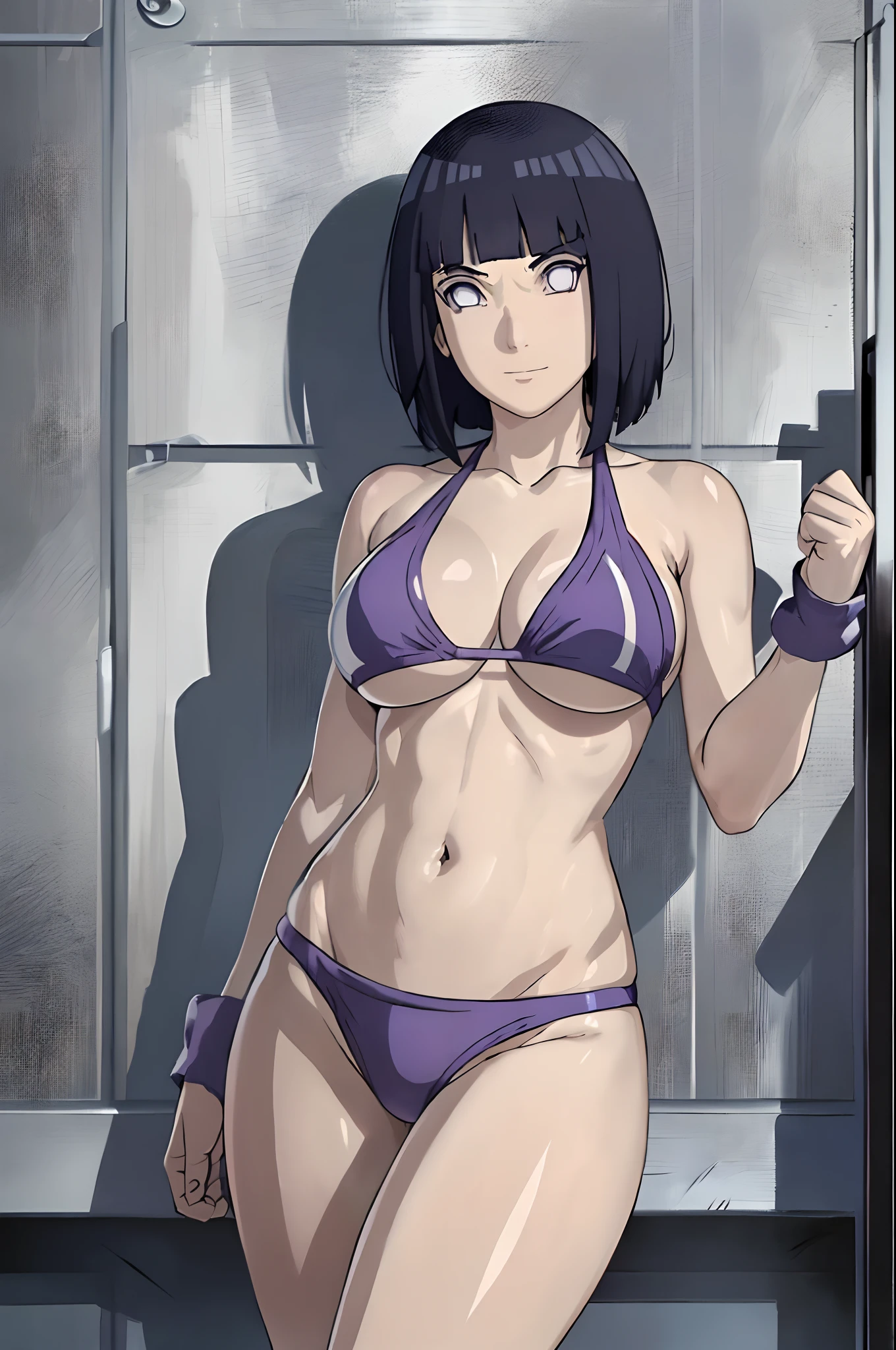 (ultra detailed body, ultra detailed face), poster, anime style, hires ((pro wrestling arena, pro wrestling match, crowd watching)), (hinata\(boruto\), (female wrestler), (slender body), mature woman, milf, (tight bikini, ultra detailed pro wrestling gear), victorious, gorgeous, winner, serious face, smile, closed mouth, (pale skin, shiny skin, lighting and shadow), (dark blue hair color:1.1), wavy hair, ((short hair, hime cut, floating hair), big breasts, (only one arm stretching), long belly, closed fists, seductive, (perfect eyes, white sciera, bright eyes, white eyes, anime eyes, looking at the viewer, kind look)