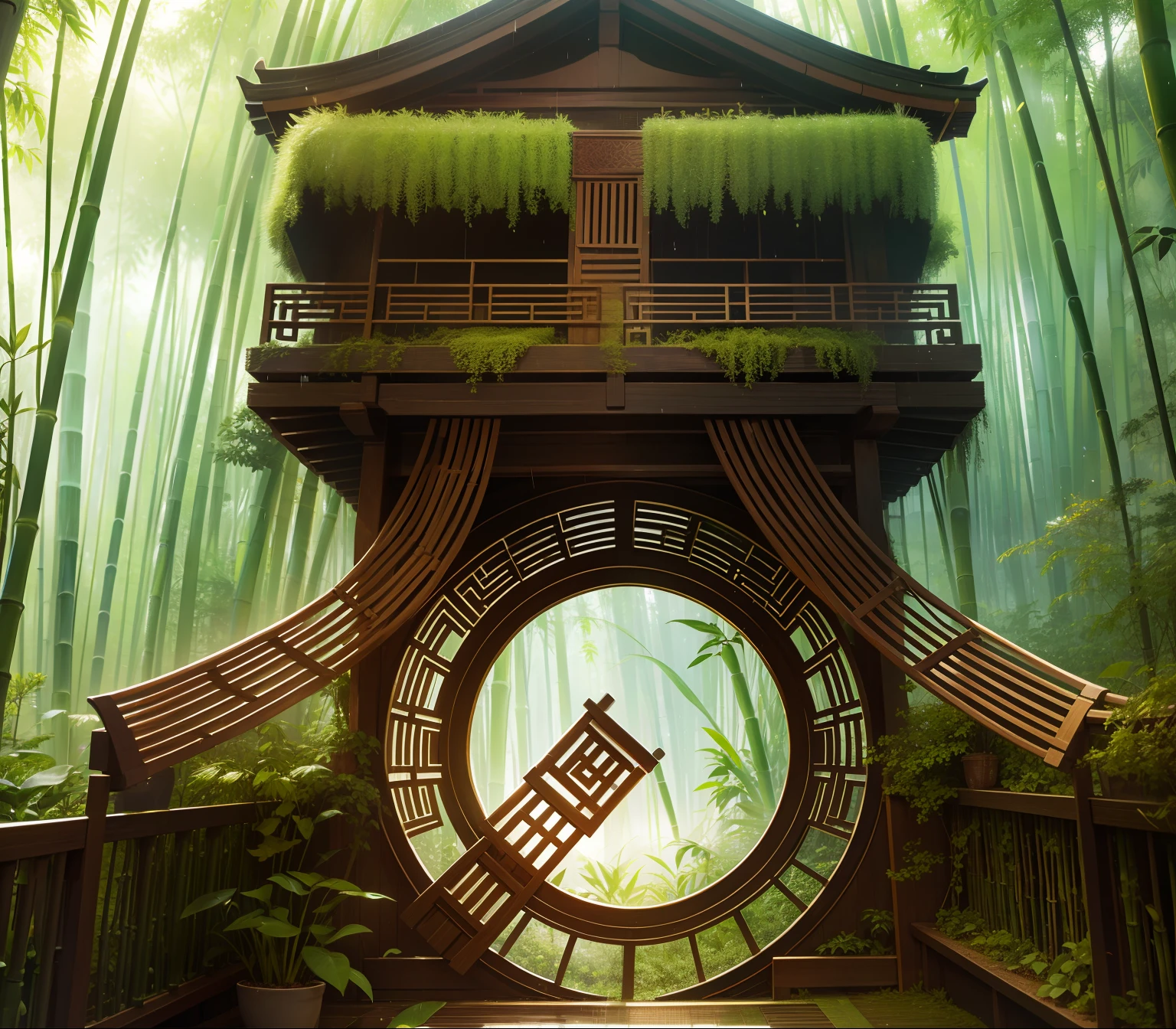 bamboo forrest、It was raining in the bamboo forest、bamboos、Bamboo leaves fall everywhere、Beautiful artistic conception、precipice、Green、Clearly visible small fish、China-style、Chinese characteristics、Spring view，𝓡𝓸𝓶𝓪𝓷𝓽𝓲𝓬，Soft light，8K，Epic details