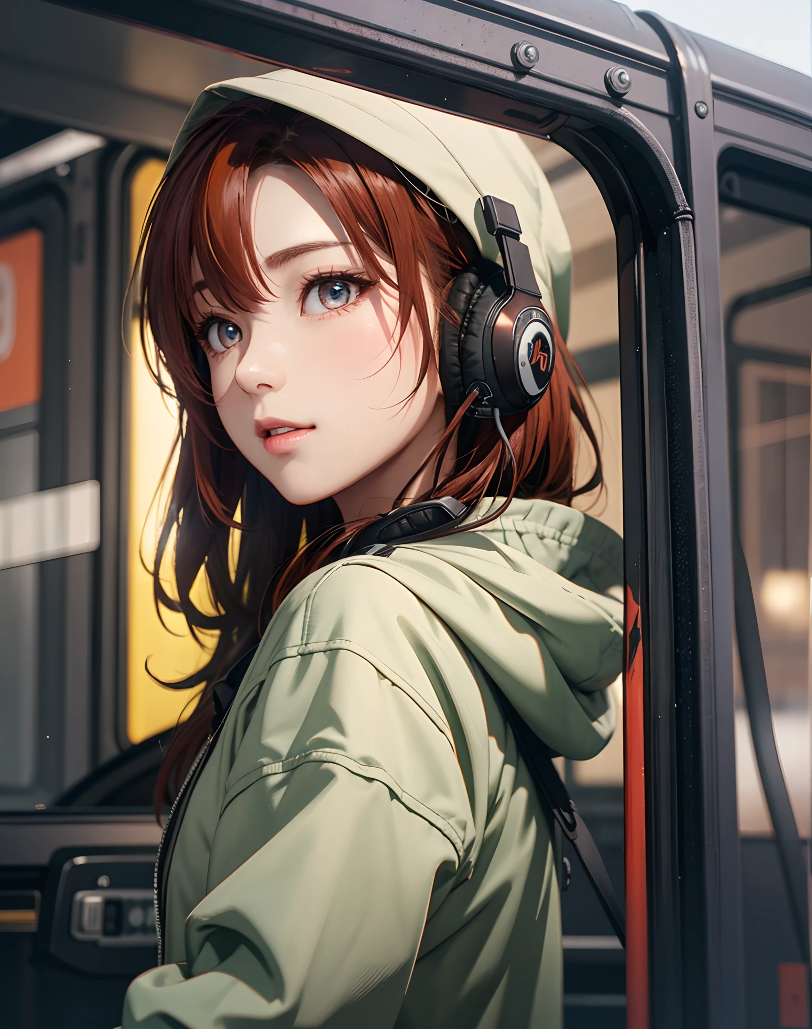 Train in the setting sun,The beautiful girl's face casts a warm light,Girl with dark green hair sitting on the train,There are bright colors on the hair,It's like a first-person perspective,high-definition image。Streamers mottled hair color,first person perspective,Cinematic lighting,The light cast,hyper HD。