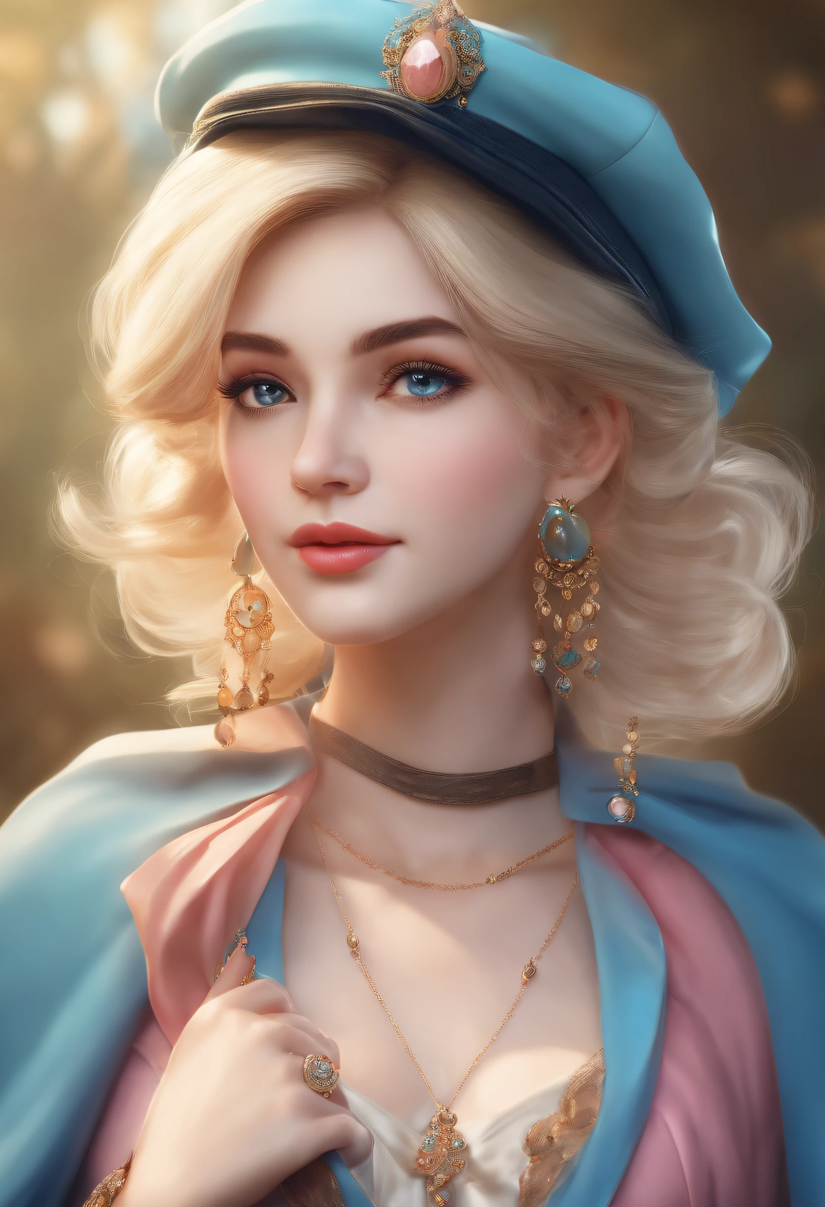 fajyobore-style, masterpiece, best quality, 1girl, 21 years old, smile, pink lips, aqua eyes, blue beret, blonde hair, closed mouth, earrings, hat, gem earrings, jewelry, looking at viewer, miniskirt, shirt, blue cape, short hair, solo, cowboy shot, hands behind head, dim, dark, high contrast, caustics