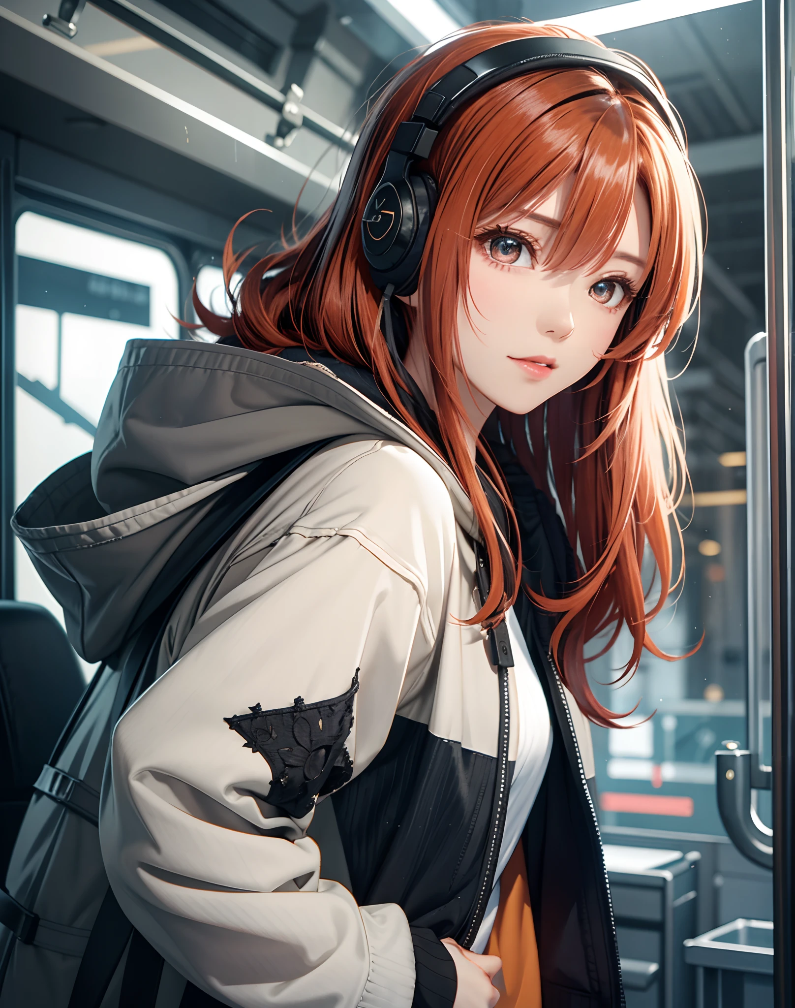 (masuter piece、side lights、ultra-detailliert、inely detailed beautiful eyes: 1.2)、1girl in、bags、buliding、from side、headphones、hoods、hood down、hooded jacket、parka、jaket、Long、orange color hair、redhair、独奏、train、inside of a car、The upper part of the body、​masterpiece、top-quality