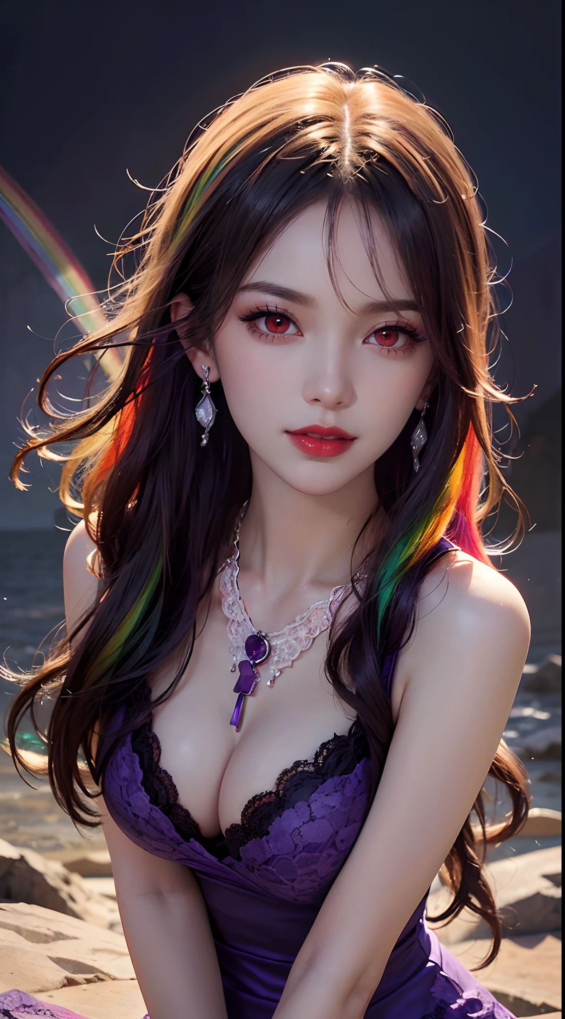 A beautiful and sexy 20 year old girl, wearing a super thin red dress, ((long hair dyed rainbow colors:1.6)), bangs, the most detailed jewelry and beautiful hair, ((wears purple lace necklace:1.6) )), Super cute small face, very pretty face, thin eyebrows, flawless beautiful face, ((black eye pupil: 0.8)), very beautiful eyes, ((red eyes pale:1.5)), beautiful makeup and detailed eyelashes, steamy eye makeup, high nose, earrings, red lips, ((closed mouth:1;5 )) beautiful lips, slim hands, most beautiful thighs, ((arms spread out to the sides: 1.5)), rosy face, clean face, flawless beautiful face, smooth white skin, (big breasts: 1.5)), ((high breasts: 1.6)), Breasts plump, beautiful cleavage, ((big and super round breasts: 1.8))), ((super tight breasts: 1.5)), beautiful breasts, back arms, beautiful girl's upper body, 8k photo, quality super high, hyper realistic, 10x super pixel, photorealistic, dark studio, light edges, two-tone bright, (high detail skin:1.2), super 8k, soft light, high quality, lighting volumetric, realistic, Photo, high resolution, light, best photo, 4k, 8k quality, blur effect, Smooth and sharp, 10 x pixels, (galaxy: 1.7), aurora, lightning, surreal graphics, most realistic graphics, alone, solo, Extremely sharp, surreal images, (((frontal portrait:1.3)))."