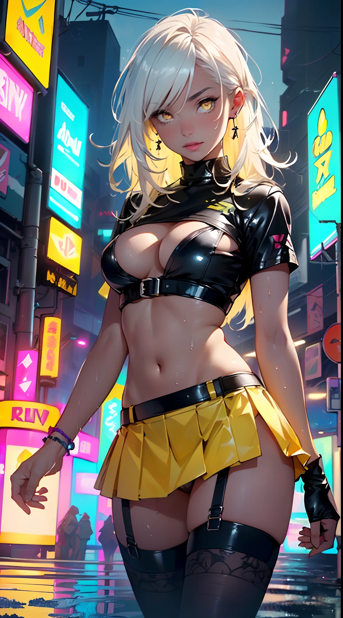 dark skin,very dark skin,dark_skin,
girl rave,(((1girl))),((girl with extremely cute and beautiful white hair)),
(large breasts:1.4),saggy breasts,(((white hair:1.35,straight hair,long hair:1.4,colored inner hair,ear breathing))),(((light_yellow_eyes:1.3))),intricate eyes,beautiful detailed eyes,symmetrical eyes,big eyes:15,((fat)),((((black girl,black skin,dark-skinned_female,dark skin:1.3,ebony skin,lustrous skin:1.5,bright skin: 1.5,shiny skin,very shiny skin,shiny body,plastic glitter skin,exaggerated shiny skin,shiny skin like ebony,illuminated skin, wet legs))),(spider lower abdomen,narrow waist,wide hip,athletic body,inflated legs,delicate detailed fingers,detailed body,(detailed face)),
cute,slutty,seductive,erotic,(((nsfw))),
zettai ryouiki,revealing clothing,show skin,((rave shirt with an yellow print,rave mini-skirt,visible thong straps)),(wearing a rave outfit:1.3,rave clothes,semi-naked,with little clothing),((wet clothes,intricate outfit,intricate clothes)),
(dynamic pose:1.0),solo focus,embarrassed,(centered,scale to fit dimensions,Rule of thirds),
cyberpunk city by the ocean at night, with bright neon signs and dark stormy clouds and puddles, scenery:1.25,
artistic photography,(photography taken by sldr),highres, sharp focus, (ultra detailed, extremely detailed), (photorealistic artwork:1.37),(extremely detailed CG unity 8k wallpaper),((synthwave background theme)),(((vibrant colors))),(intricate background),(masterpiece),(best quality),
