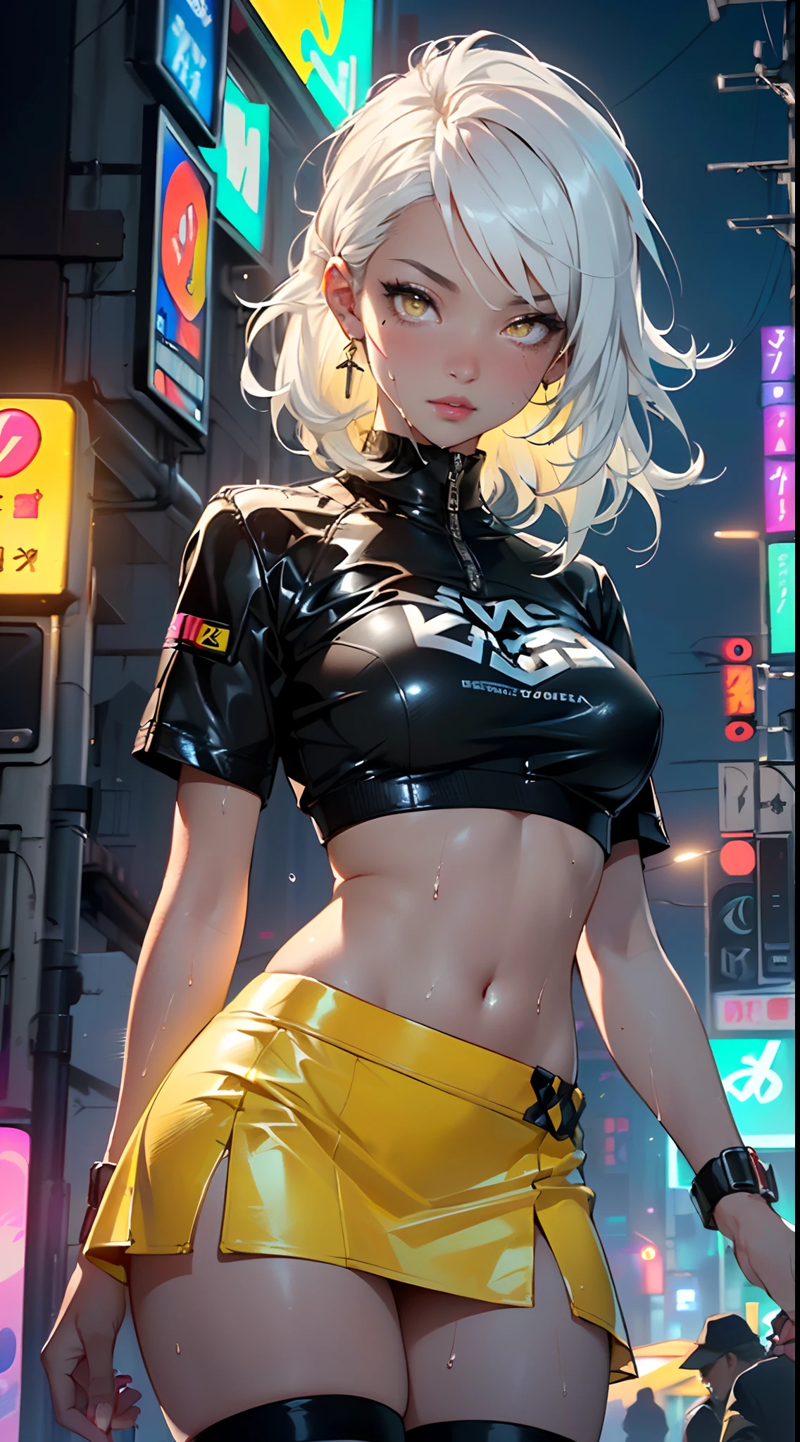 girl rave,(((1girl))),((girl with extremely cute and beautiful white hair)),dark skin,very dark skin,dark_skin,

(large breasts:1.4),saggy breasts,(((white hair:1.35,straight hair,long hair:1.4,colored inner hair,ear breathing))),(((light_yellow_eyes:1.3))),intricate eyes,beautiful detailed eyes,symmetrical eyes,big eyes:1.5,((fat)),((((black girl,black skin,dark-skinned_female,dark skin:1.3,ebony skin,lustrous skin:1.5,bright skin: 1.5,shiny skin,very shiny skin,shiny body,plastic glitter skin,exaggerated shiny skin,shiny skin like ebony,illuminated skin, wet legs))),(spider lower abdomen,narrow waist,wide hip,athletic body,inflated legs,detailed body,(detailed face)),

cute,slutty,seductive,erotic,((nsfw)),

zettai ryouiki,revealing clothing,show skin,((rave shirt with an yellow print,rave mini-skirt,visible thong straps)),((underpants strap)),(wearing a rave outfit:1.3,rave clothes,semi-naked,with little clothing),((wet clothes,intricate outfit,intricate clothes)),

(dynamic pose:1.0),solo focus,embarrassed,(centered,scale to fit dimensions,Rule of thirds),

cyberpunk city by the ocean at night, with bright neon signs and dark stormy clouds and puddles, scenery:1.25,nighttime, starry night, cosmos,Very dark night that makes the neon lights stand out, very bright neon lights,nighttime, starry night, cosmos,

artistic photography,(photography taken by sldr),highres, sharp focus,(ultra detailed, extremely detailed), (photorealistic artwork:1.37),(extremely detailed CG unity 8k wallpaper),((synthwave background theme)),(((vibrant colors))),intricate,(intricate background),(masterpiece),(best quality),perfect rendered face,perfect face details,realistic face,photo realistic,analog style,((intricate detail)),(((realism))),