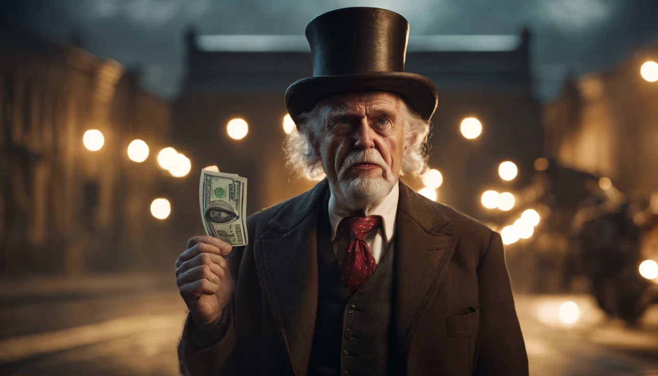 uncle sam with an angry face, bags of money in the background