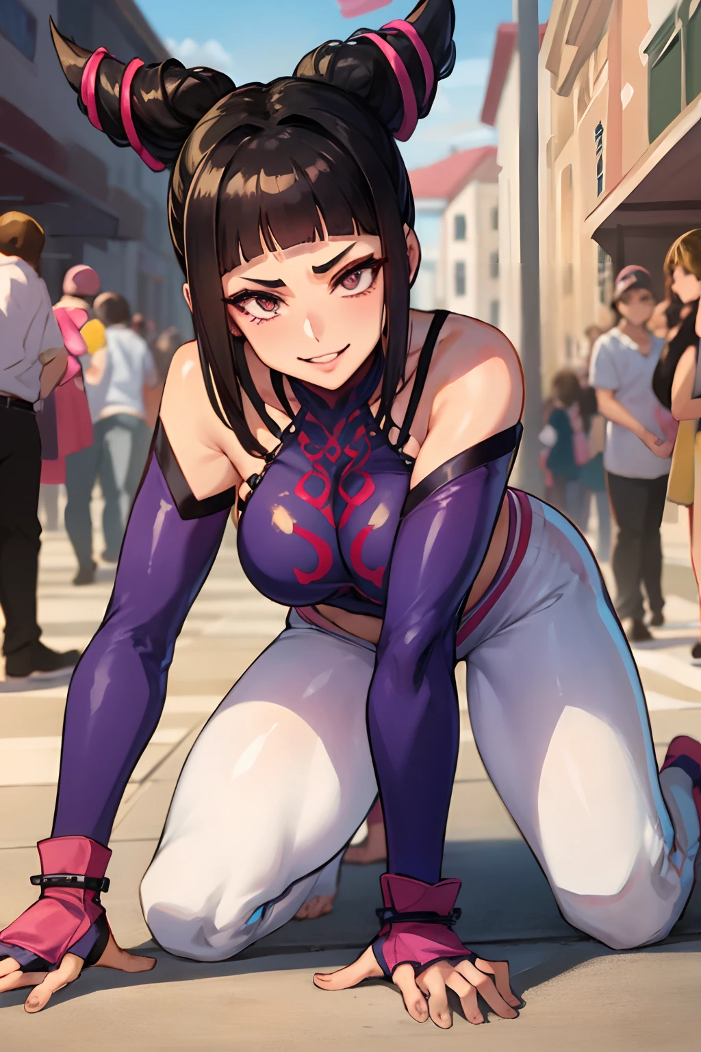 SFW, 30 year old woman, sexy mature asian woman, oval face, detailed face and eyes, beautiful purple iris, white eyeballs, JURIMS, SFIV, hair horns, extremely delicate lips, (very suggestive smile:1.2), evil smile, wicked smile, smirk, angry fighting pose, baggy white pants, thick thighs, barefoot, medium breasts, purple eyes, long eyelashes, thick eyelashes, 8k uhd, HDR ,extremely detailed CGunity 8k wallpaper, city street, crowd of people, full body, wide angle, sigma 35mm lens, full body, (8k), (4k), looking at viewer,
